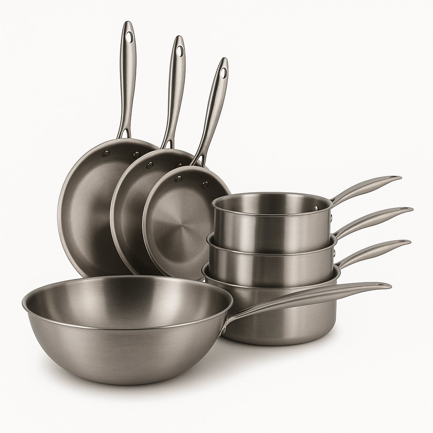 Set Casseroles & Poêles MENASTYL Iris 5 Pièces - Acier Inox 18/10 - Induction - Poignées Amovibles - Tailles 16,18,22,26cm