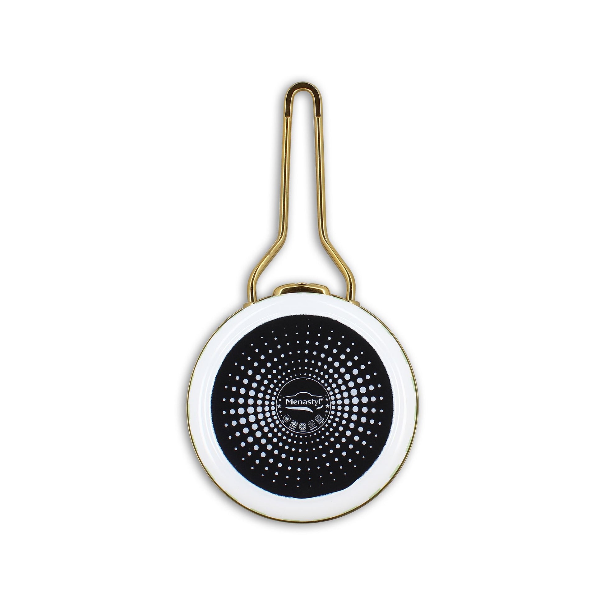 Vue du dessous de la casserole Vichy 16cm, fond noir perforé à motif concentrique, contour blanc et anses dorées
