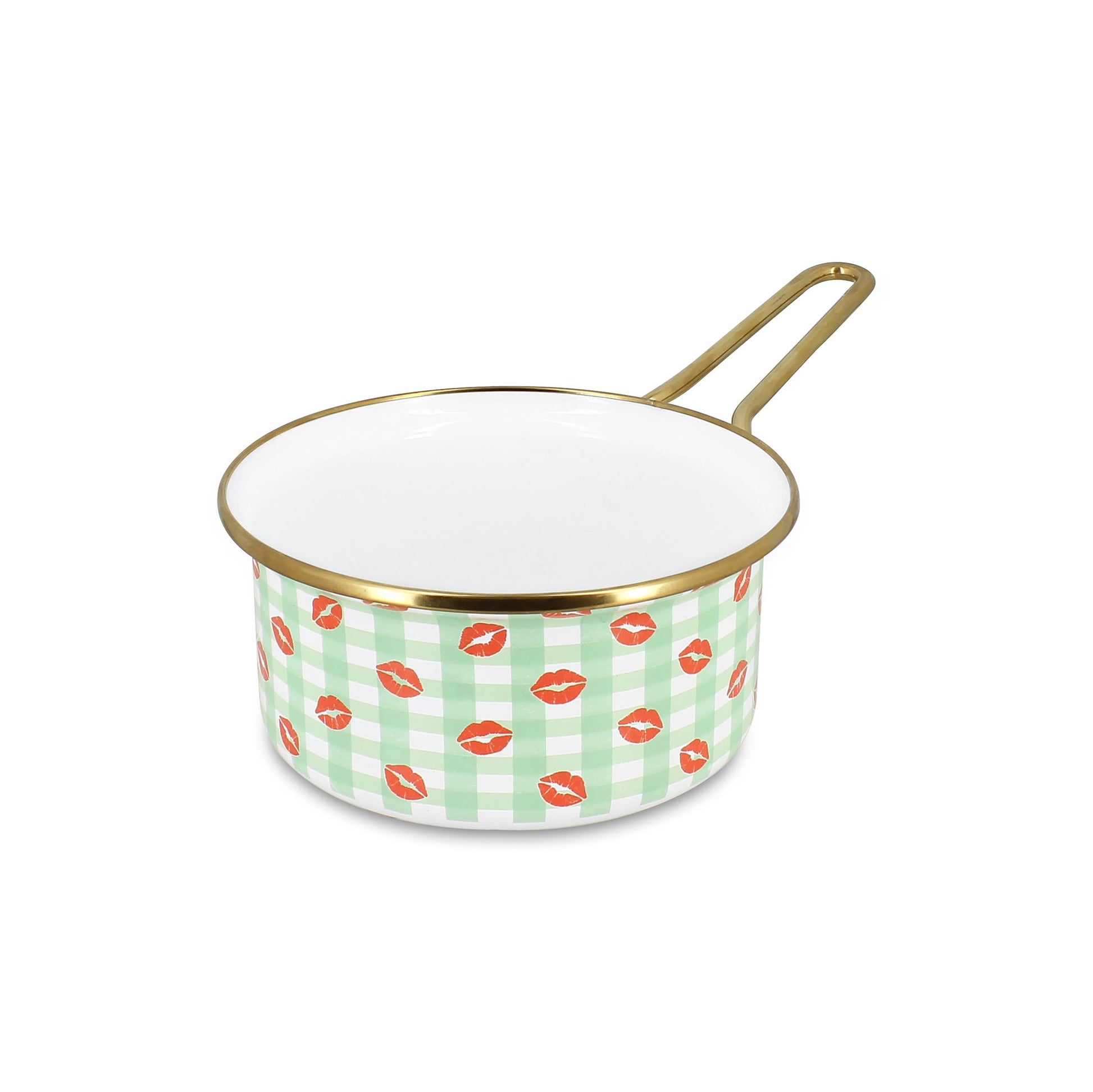 Casserole Vichy 16cm en acier émaillé Menastyl, motif vichy vert et bisous rouges, liseré doré