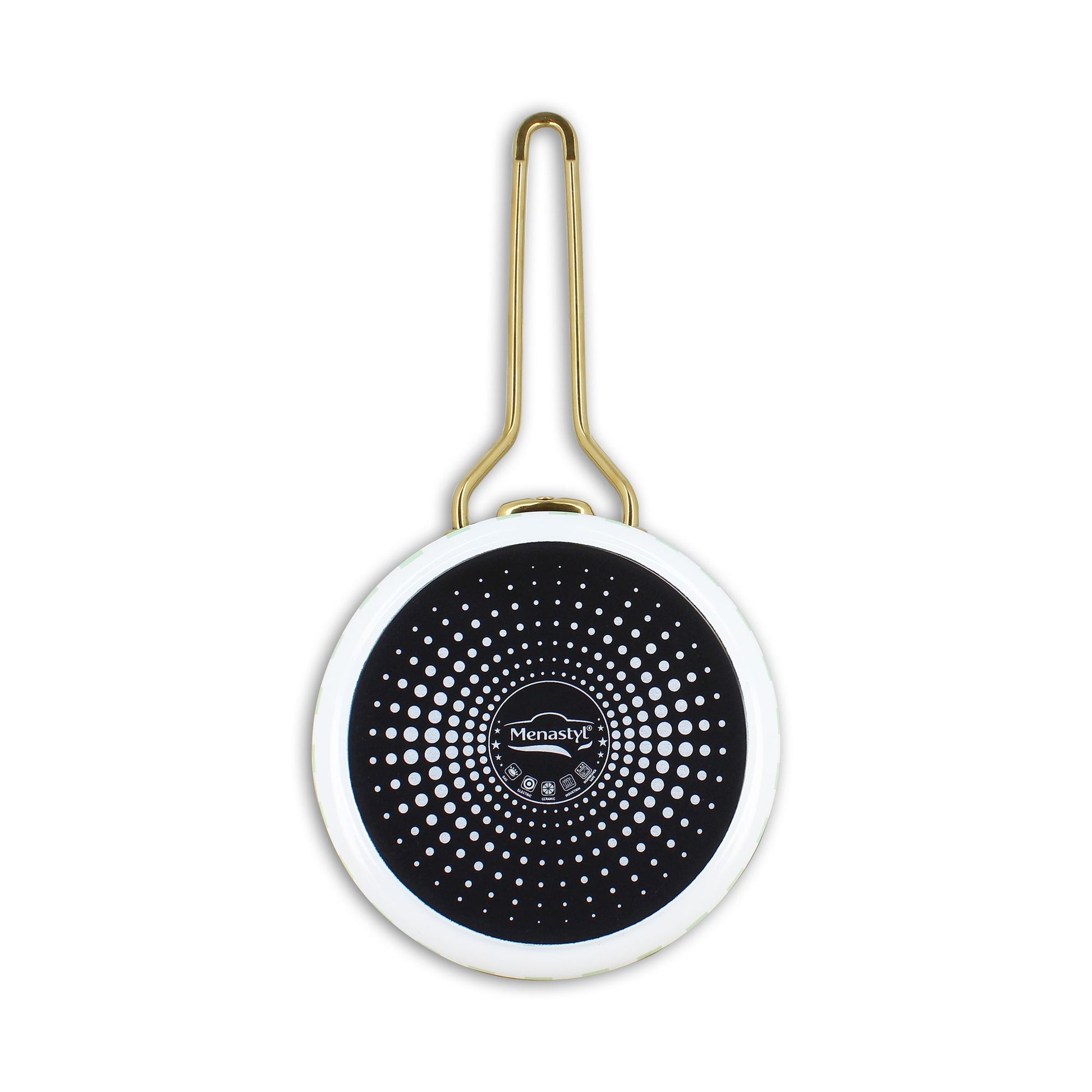 Vue de dessous casserole Vichy 18cm, fond noir émaillé avec motif de points blancs en spirale et poignée dorée