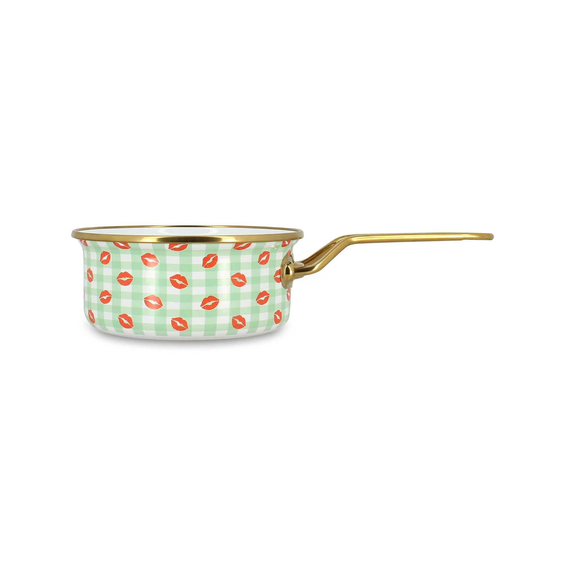 Casserole 18cm acier émaillé motif vichy vert et bisous rouges, vue latérale avec manche doré