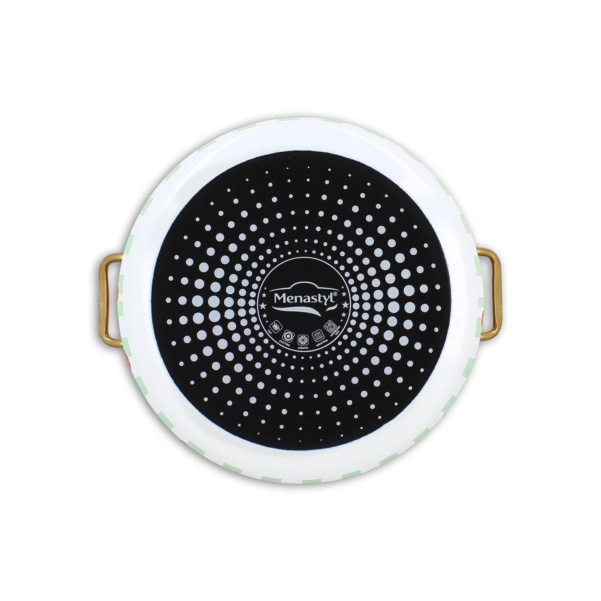 Vue de dessus marmite Vichy 24cm en acier émaillé, intérieur noir à pois blancs motif halftone, anses dorées