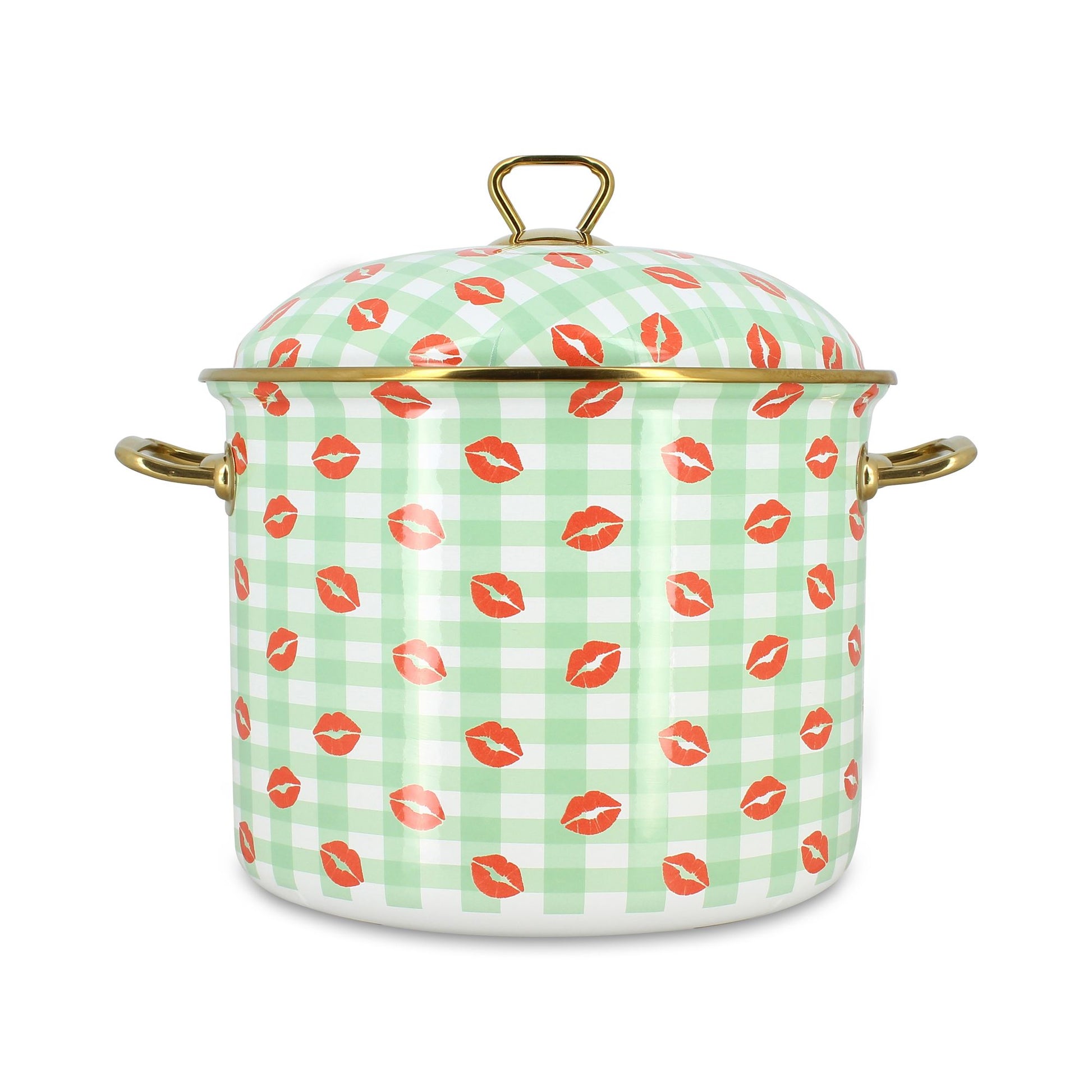 Marmite Vichy 24cm en acier émaillé Menastyl, motif vichy vert et bisous rouges, couvercle et anses dorées