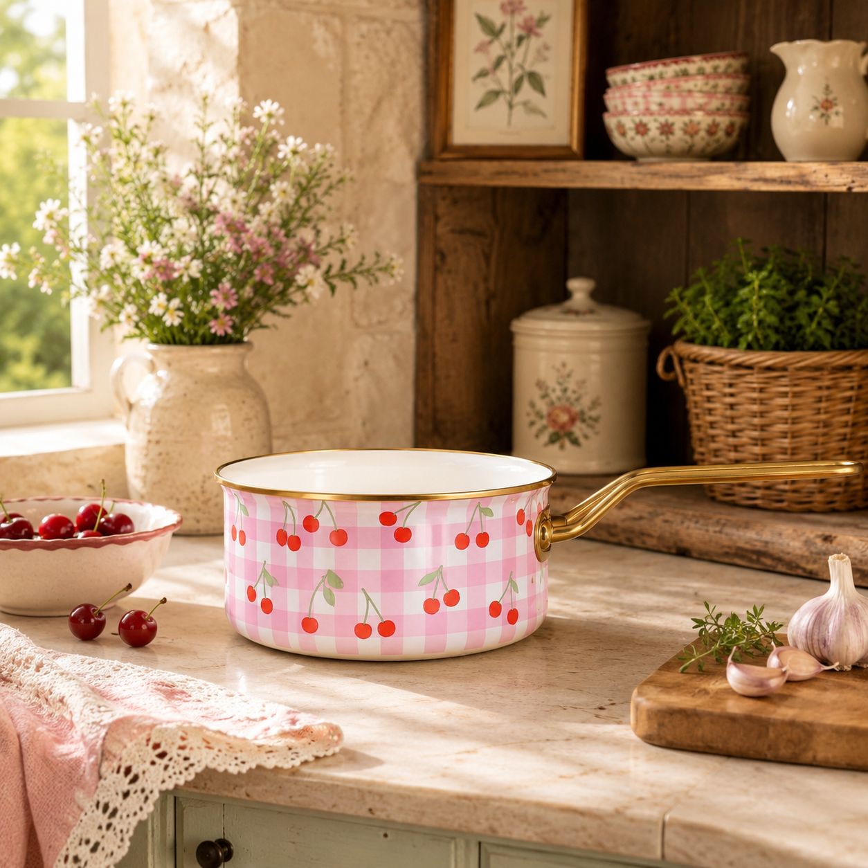 Casserole Vichy Cerise 18cm rose à motifs cerises sur gingham, posée sur plan de travail cottage avec cerises fraîches