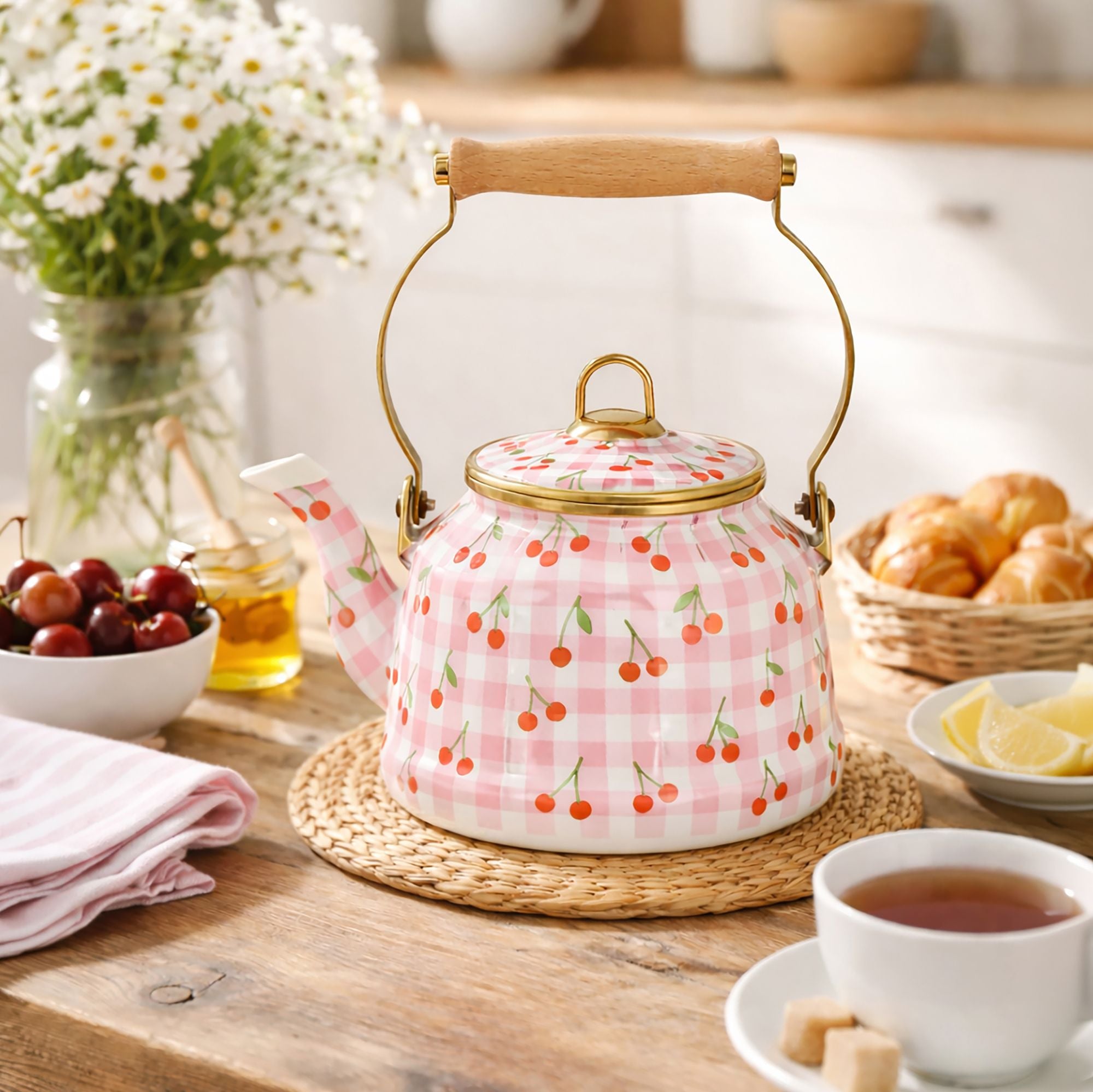 Bouilloire Vichy Cerise 2.5L en acier émaillé