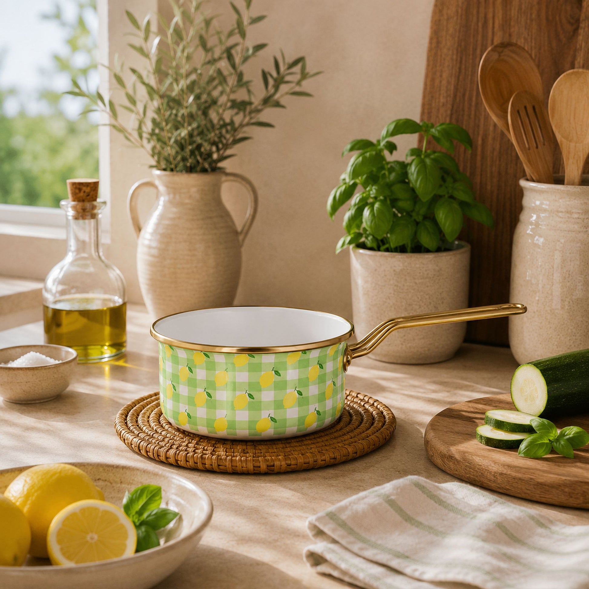 Casserole Vichy Citron 16cm en acier émaillé sur nappe beige avec légumes frais et herbes aromatiques