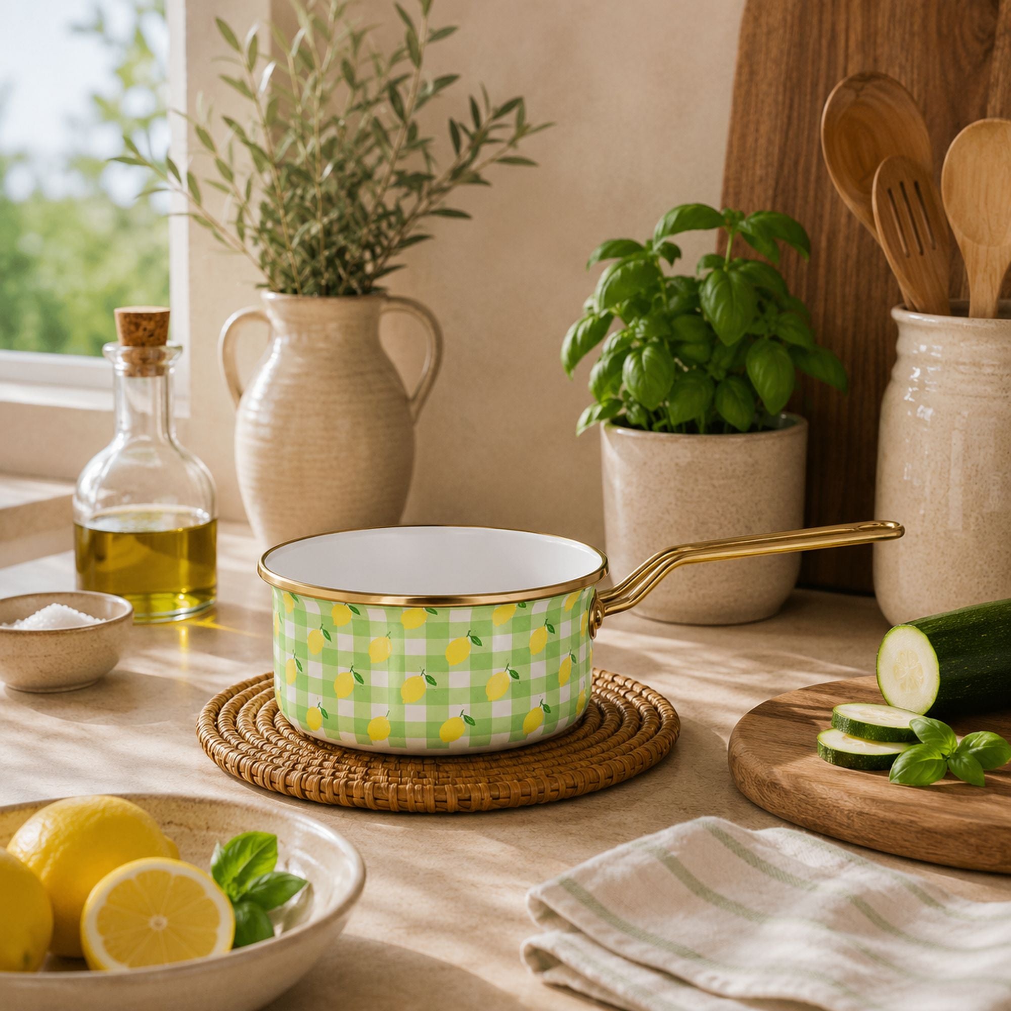 Casserole Vichy Citron 16cm en acier émaillé sur nappe beige avec légumes frais et herbes aromatiques