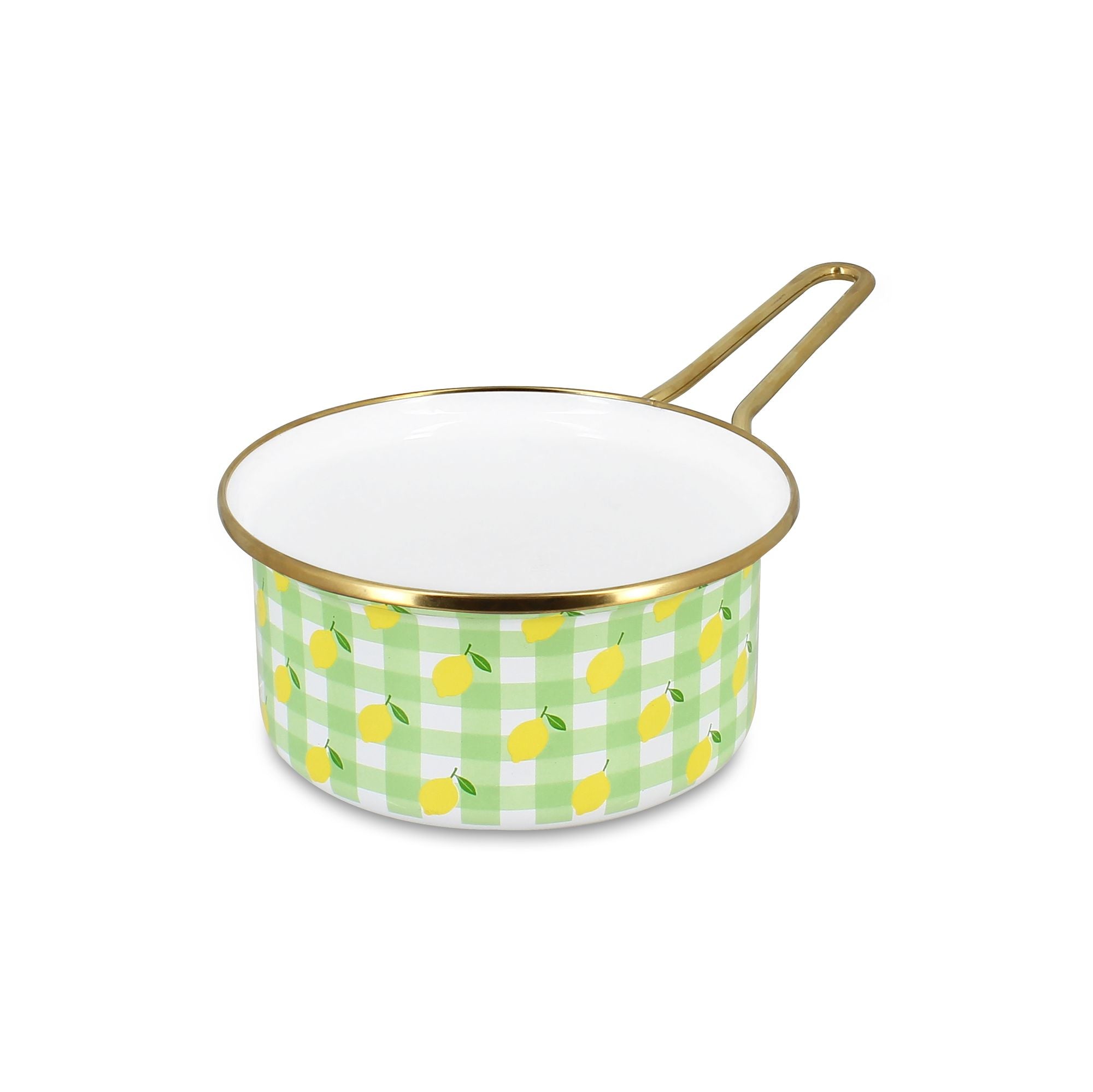 Casserole Vichy Citron 16cm en acier émaillé Menastyl, motif vichy vert et citrons jaunes, bordure dorée