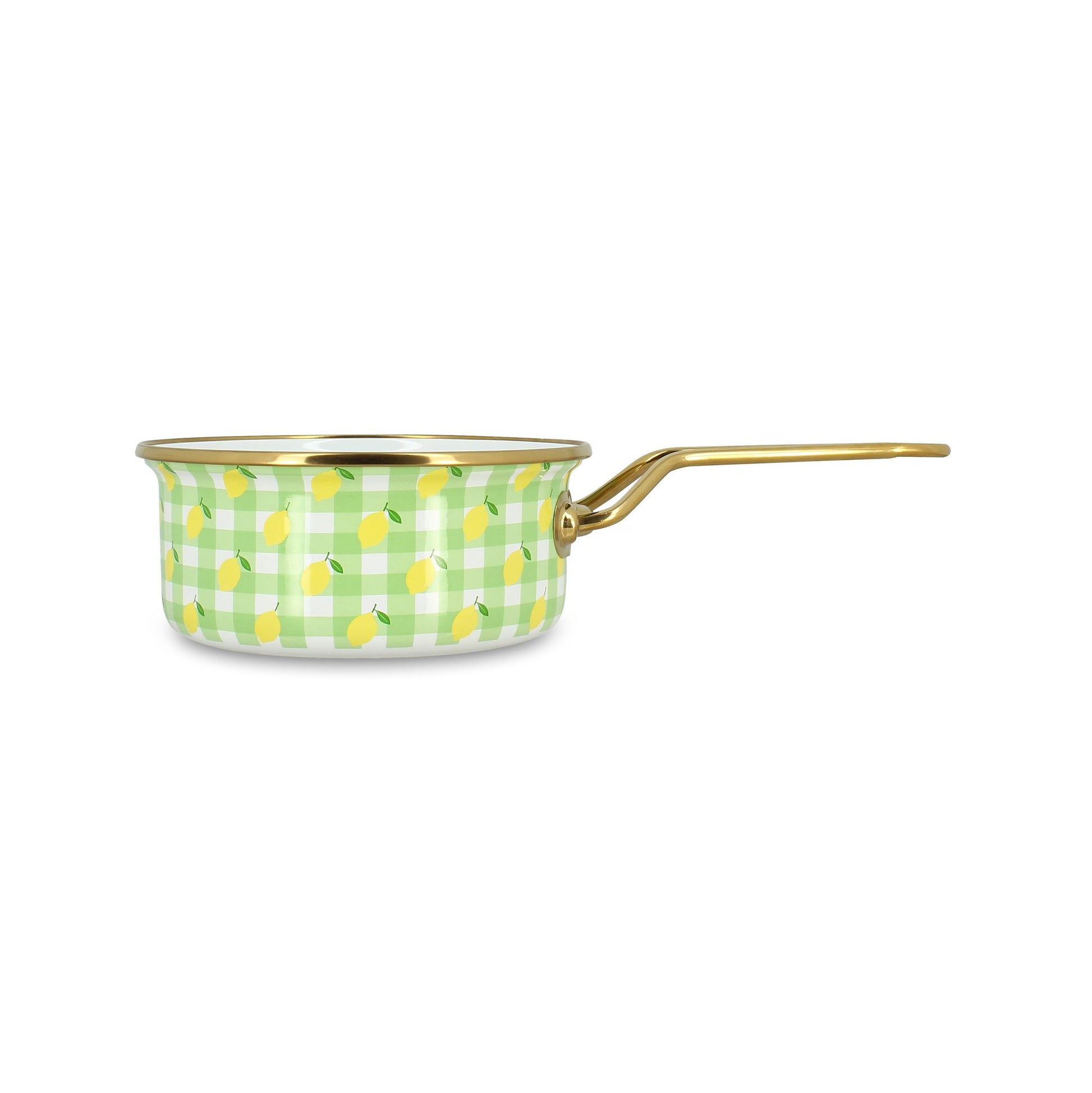 Casserole 16cm Vichy Citron en acier émaillé, motif carreaux verts et citrons jaunes, vue de profil avec poignée dorée