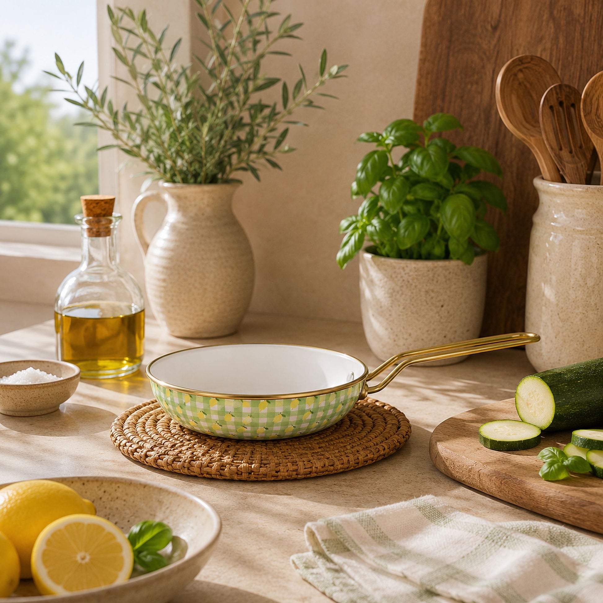 Poêle Vichy Citron 20cm acier émaillé motif vichy vert, mise en scène cuisine avec herbes et légumes frais