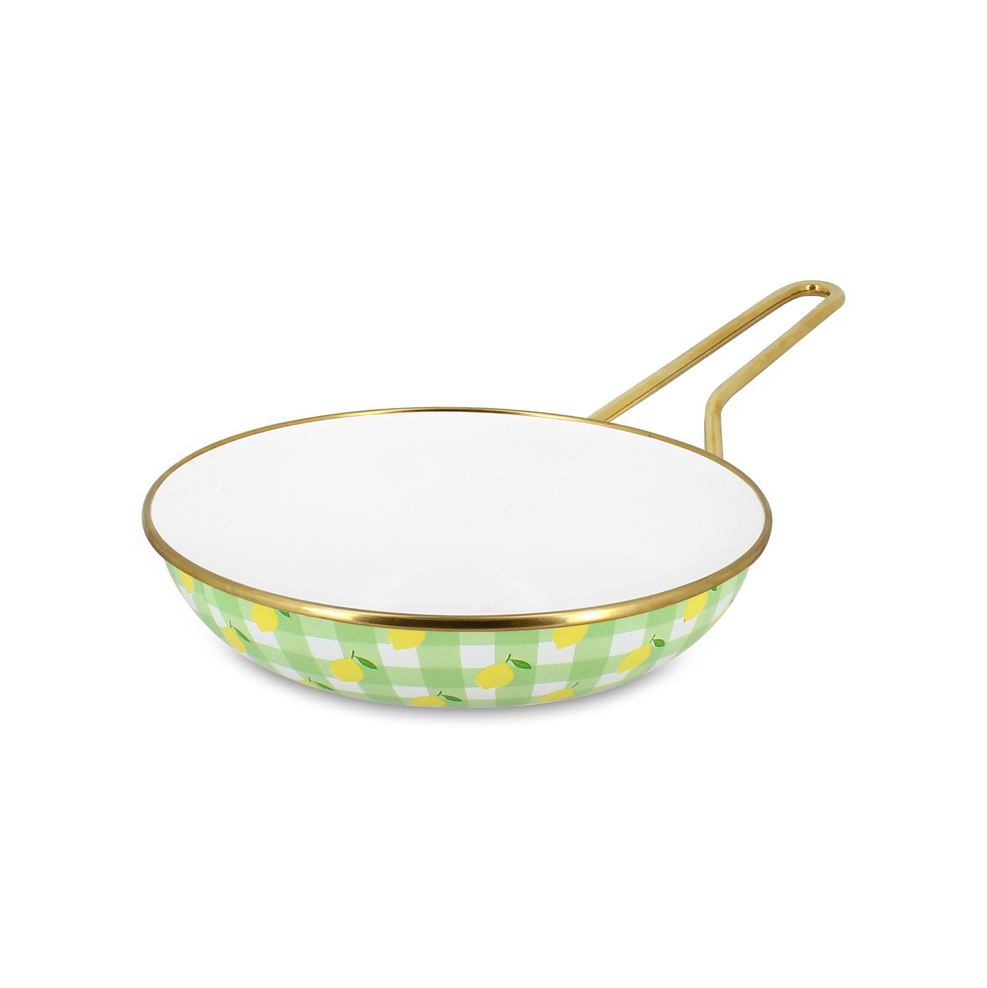 Poêle Vichy Citron 20cm en acier émaillé Menastyl, motif vichy vert et citrons, intérieur blanc, manche doré