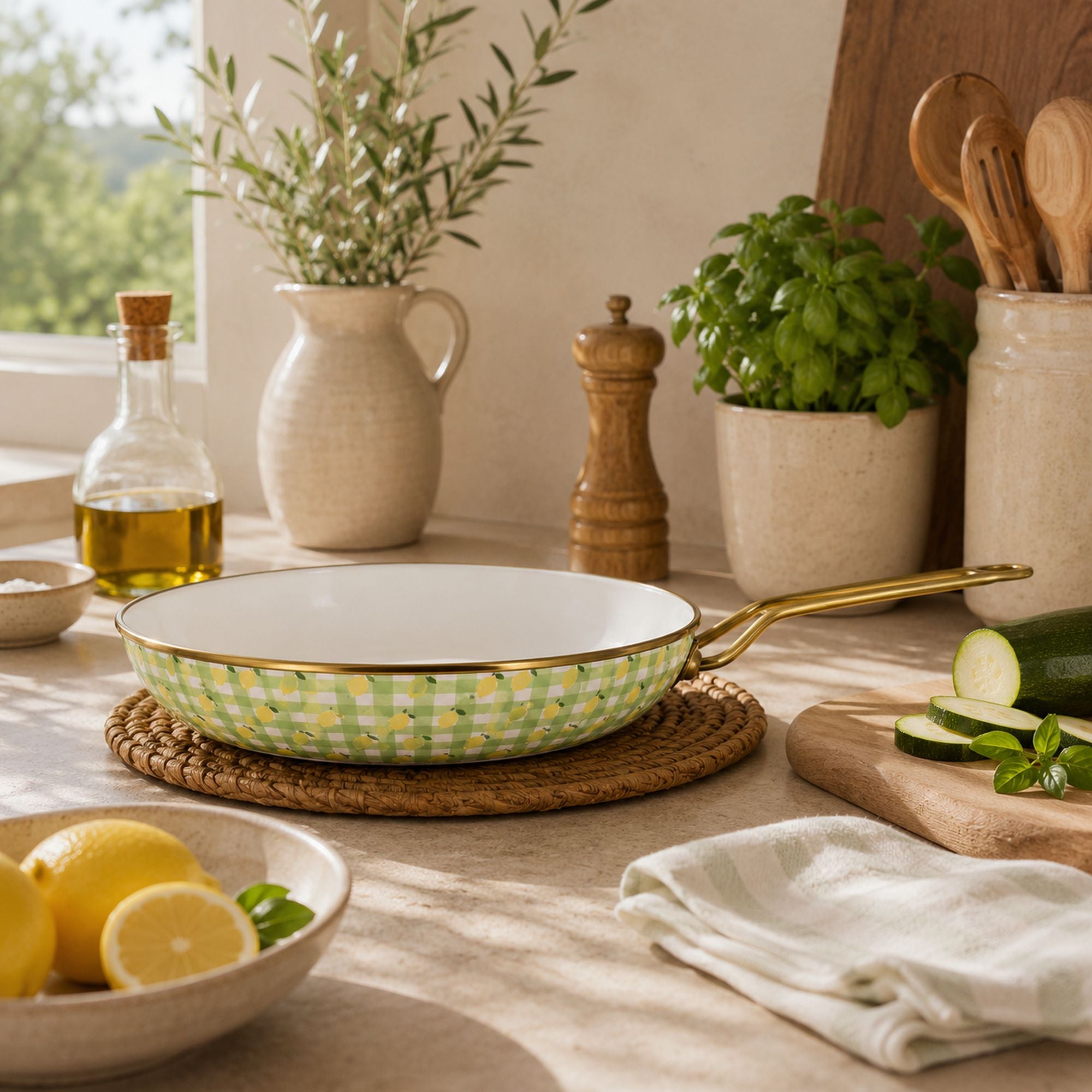 Poêle Vichy Citron 24cm en acier émaillé à motif carreaux verts et jaunes, posée sur table de cuisine ensoleillée