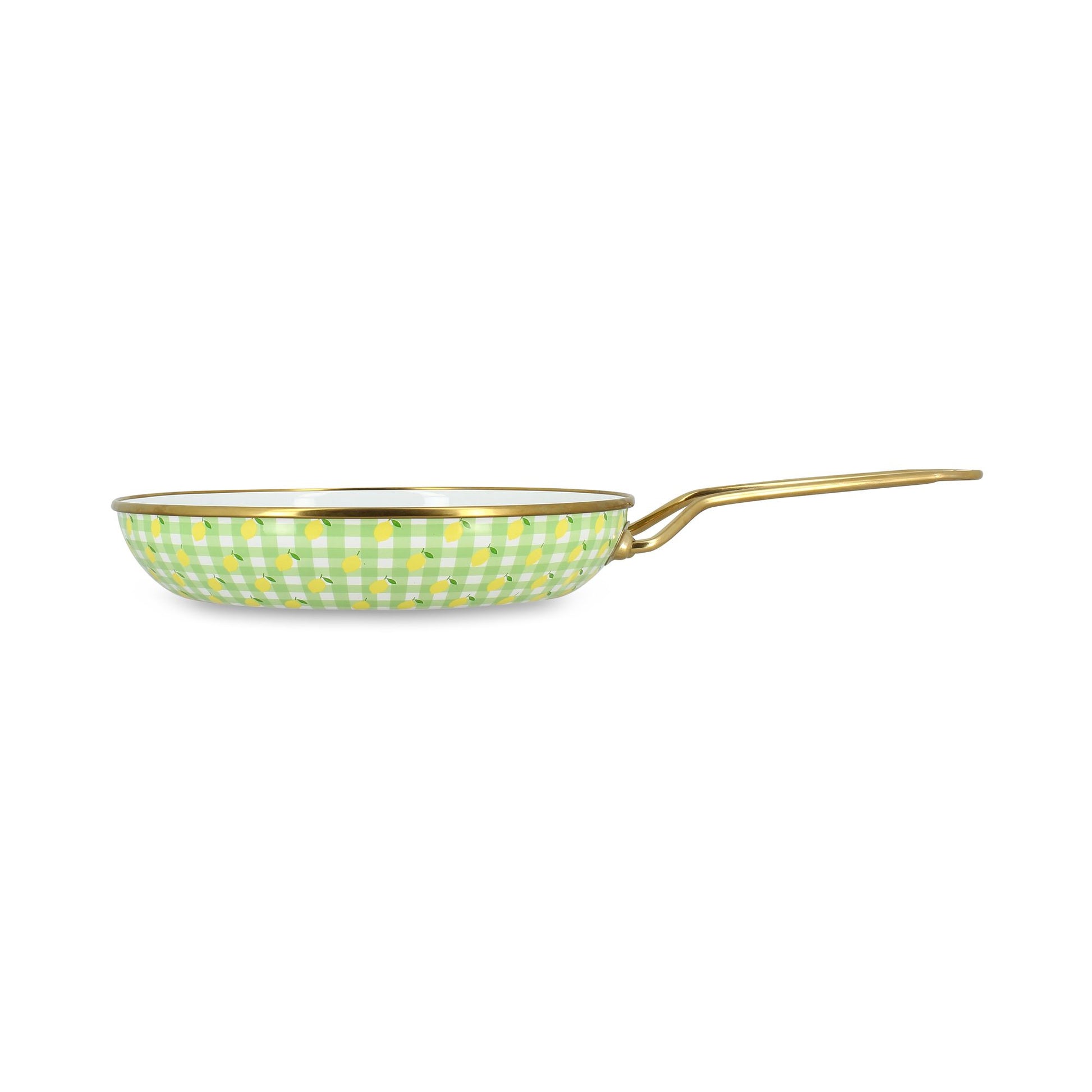 Poêle Vichy Citron 24cm en acier émaillé Menastyl, motif carreaux verts et citrons, manche doré
