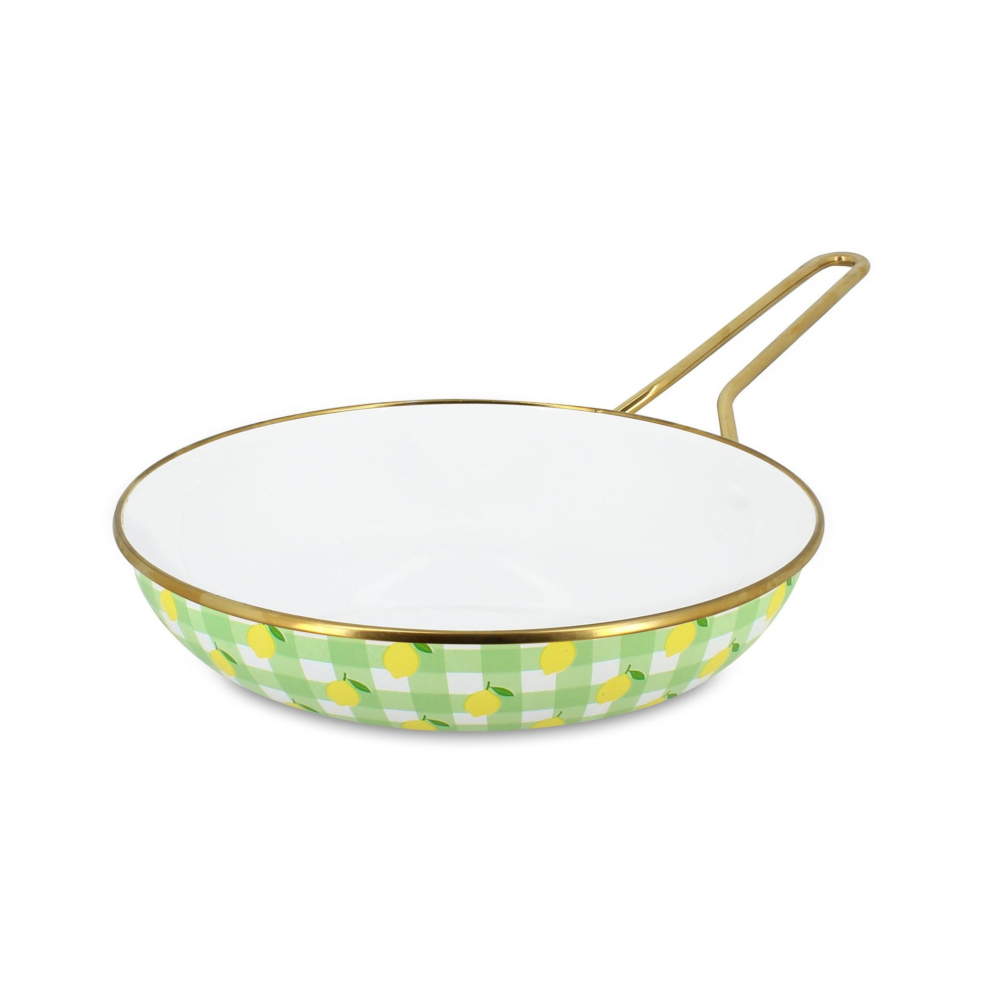 Poêle Vichy Citron 24cm en acier émaillé Menastyl, motif carreaux verts et citrons jaunes, intérieur blanc, manche doré