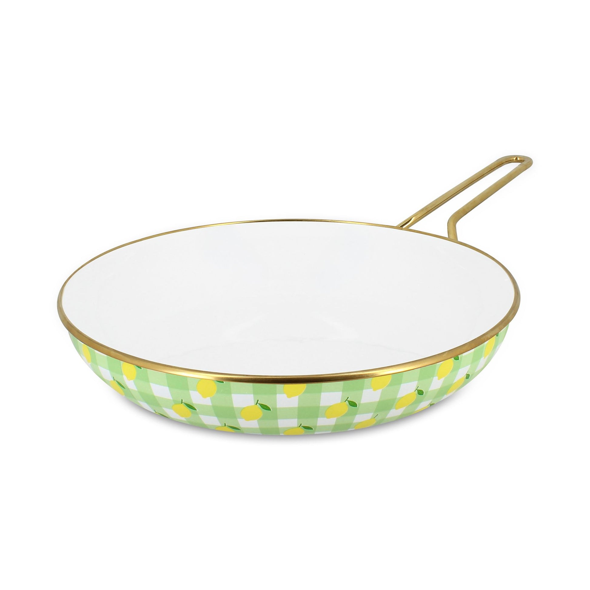 Poêle Vichy Citron 28cm en acier émaillé Menastyl, motif carreaux verts et citrons, intérieur blanc, bordure dorée