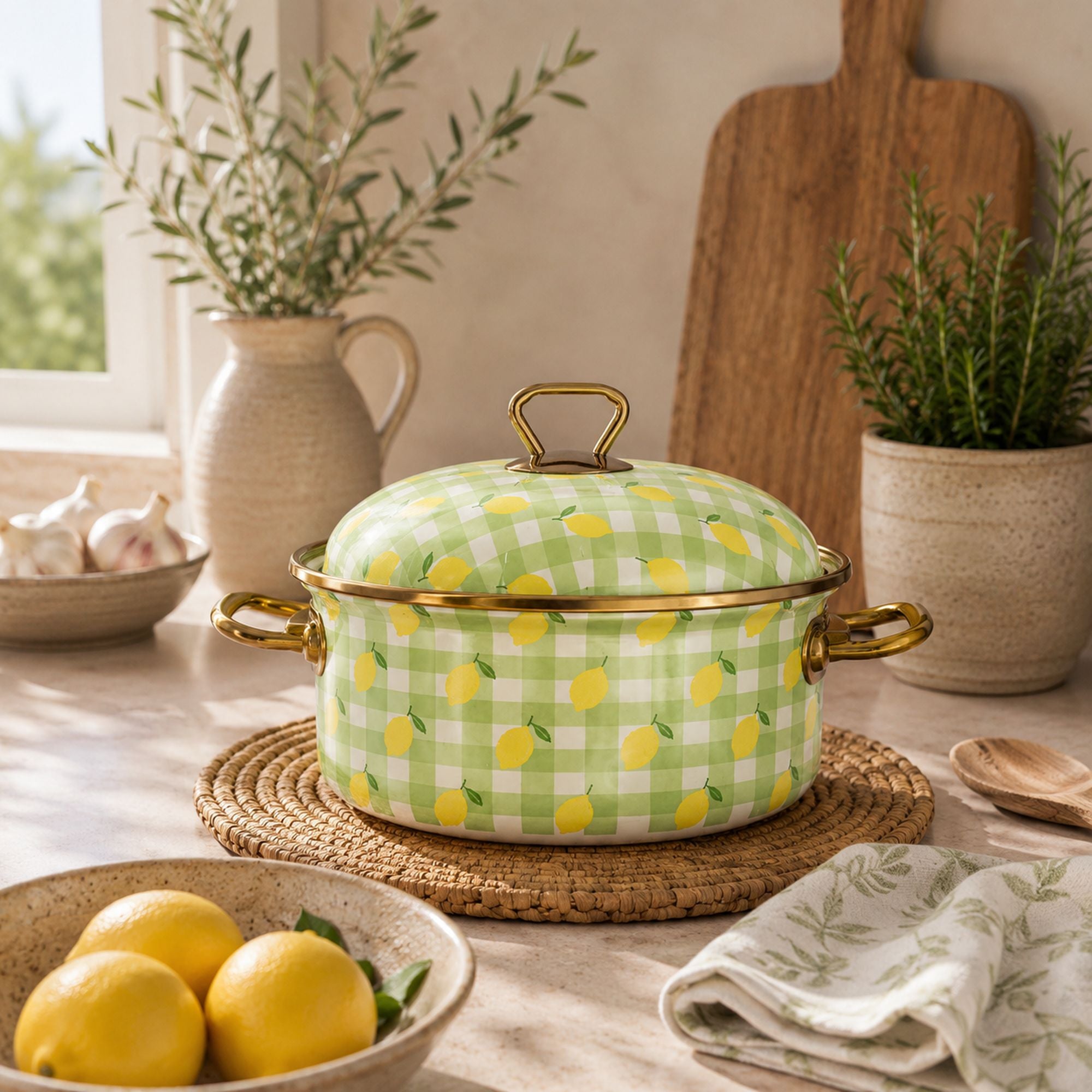 Faitout Vichy Citron 20cm décoré de motifs citrons sur vichy vert, posé sur dessous de plat tressé dans cuisine lumineuse
