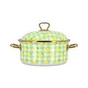 Faitout Vichy Citron 20cm en acier émaillé Menastyl, motif à carreaux verts et citrons jaunes, poignées dorées