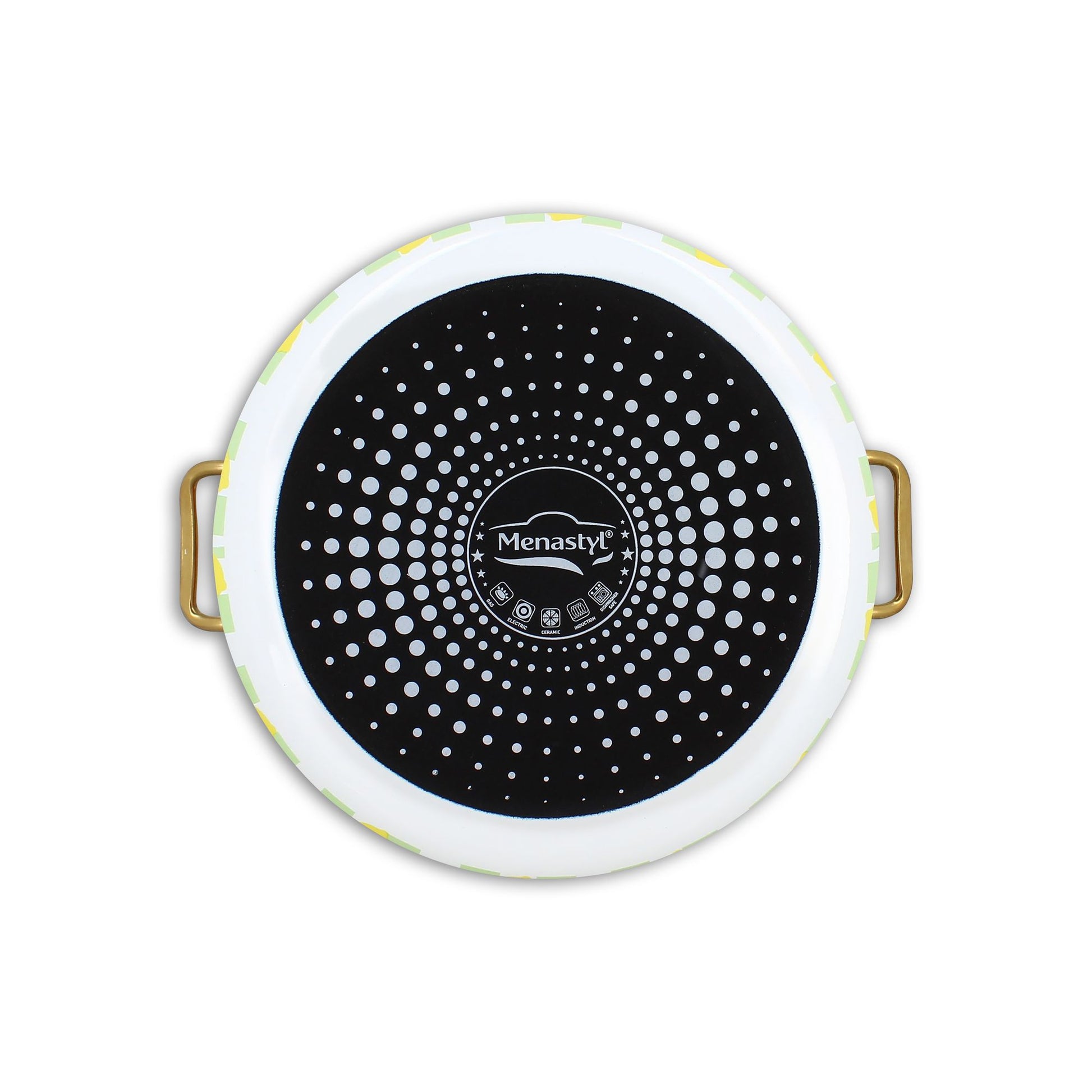 Vue de dessus marmite Vichy Citron 24cm, fond noir à pois blancs et bordure blanc cassé avec liseré jaune citron