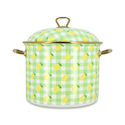 Marmite Vichy Citron 24cm en acier émaillé Menastyl, motif vichy vert et citrons jaunes, anses dorées