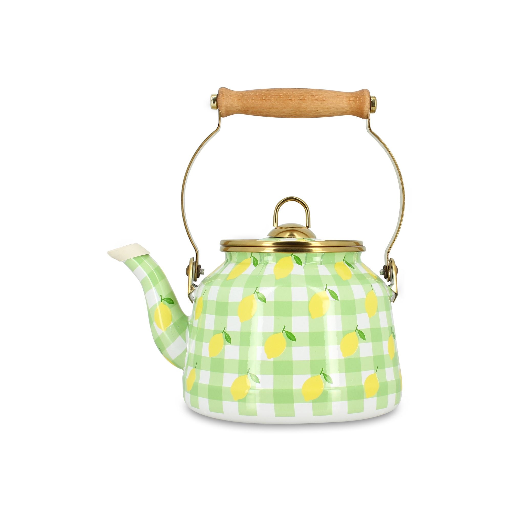 Bouilloire Vichy Citron 2.5L Menastyl en acier émaillé, motif vichy vert et citrons jaunes, anse en bois