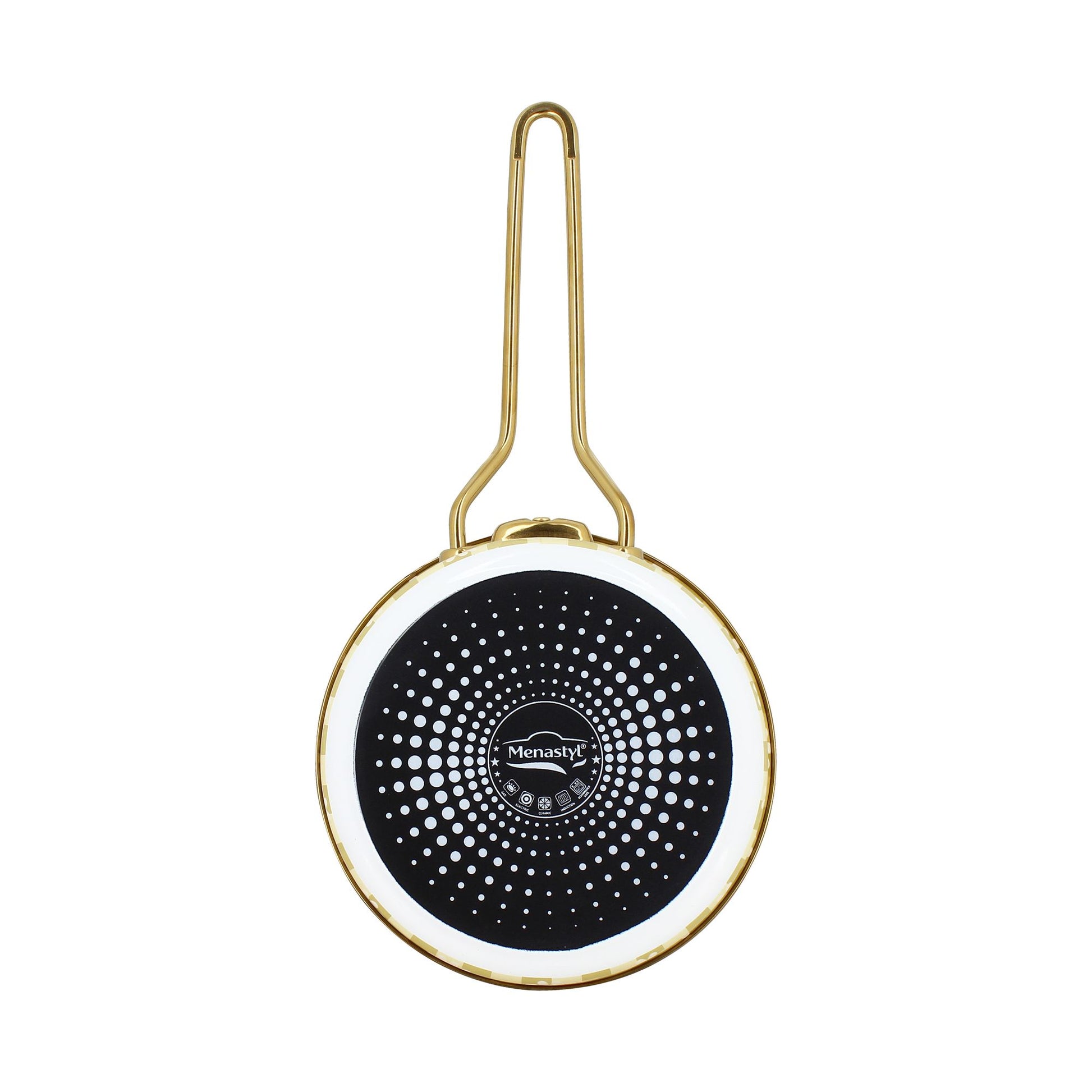 Vue du dessous de la casserole Daisy 18cm avec fond perforé noir à motif concentrique et bordure dorée