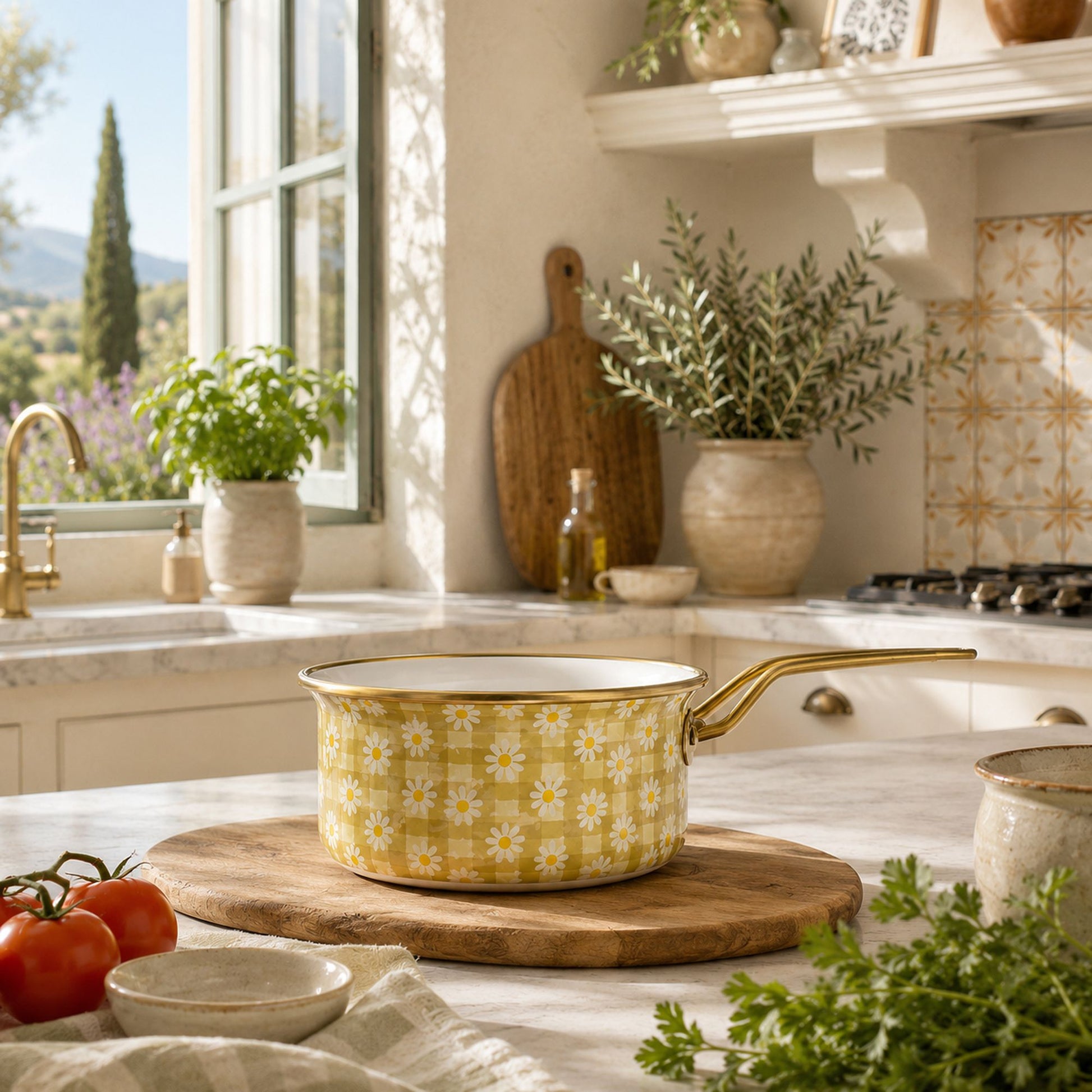 Casserole Daisy 18cm jaune à motif marguerites vichy posée sur planche bois dans cuisine lumineuse
