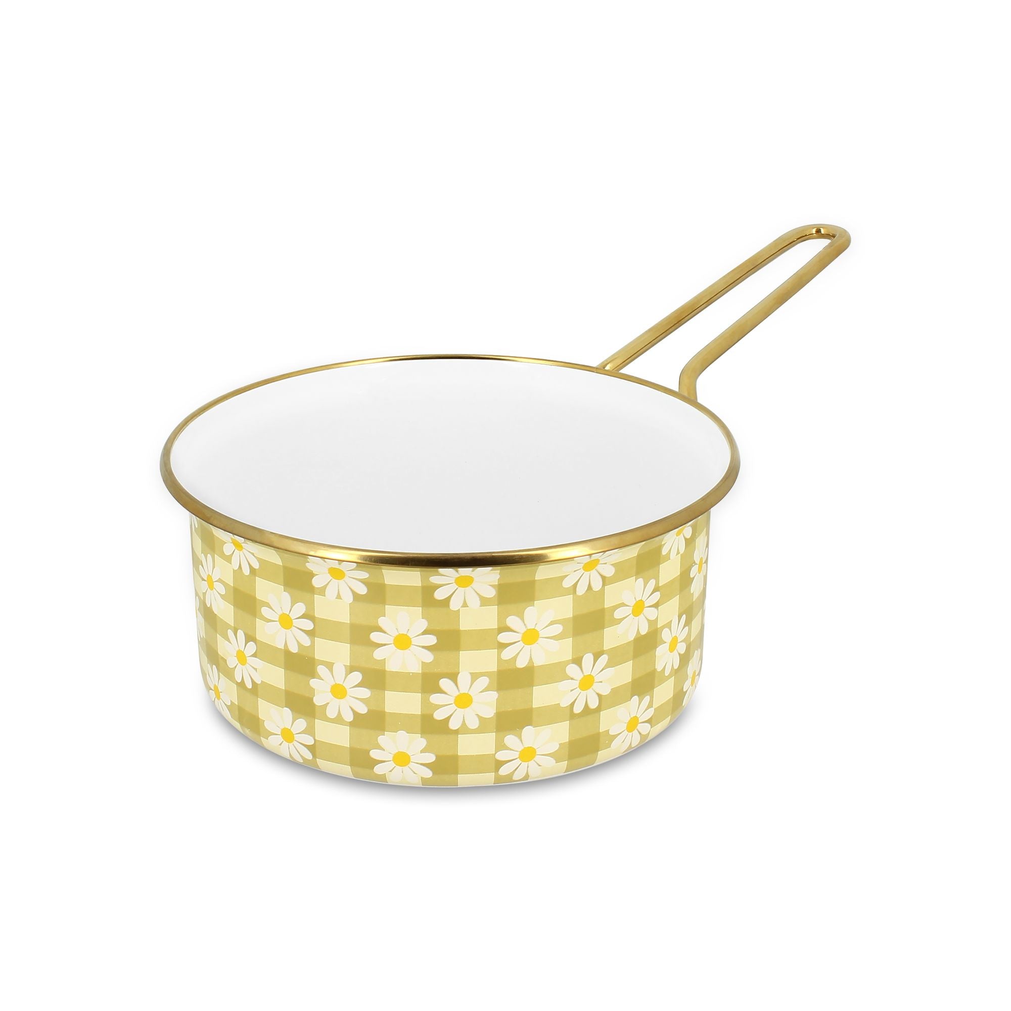 Casserole Daisy 18cm en acier émaillé Menastyl, motif vichy jaune et marguerites blanches, vue de trois-quarts