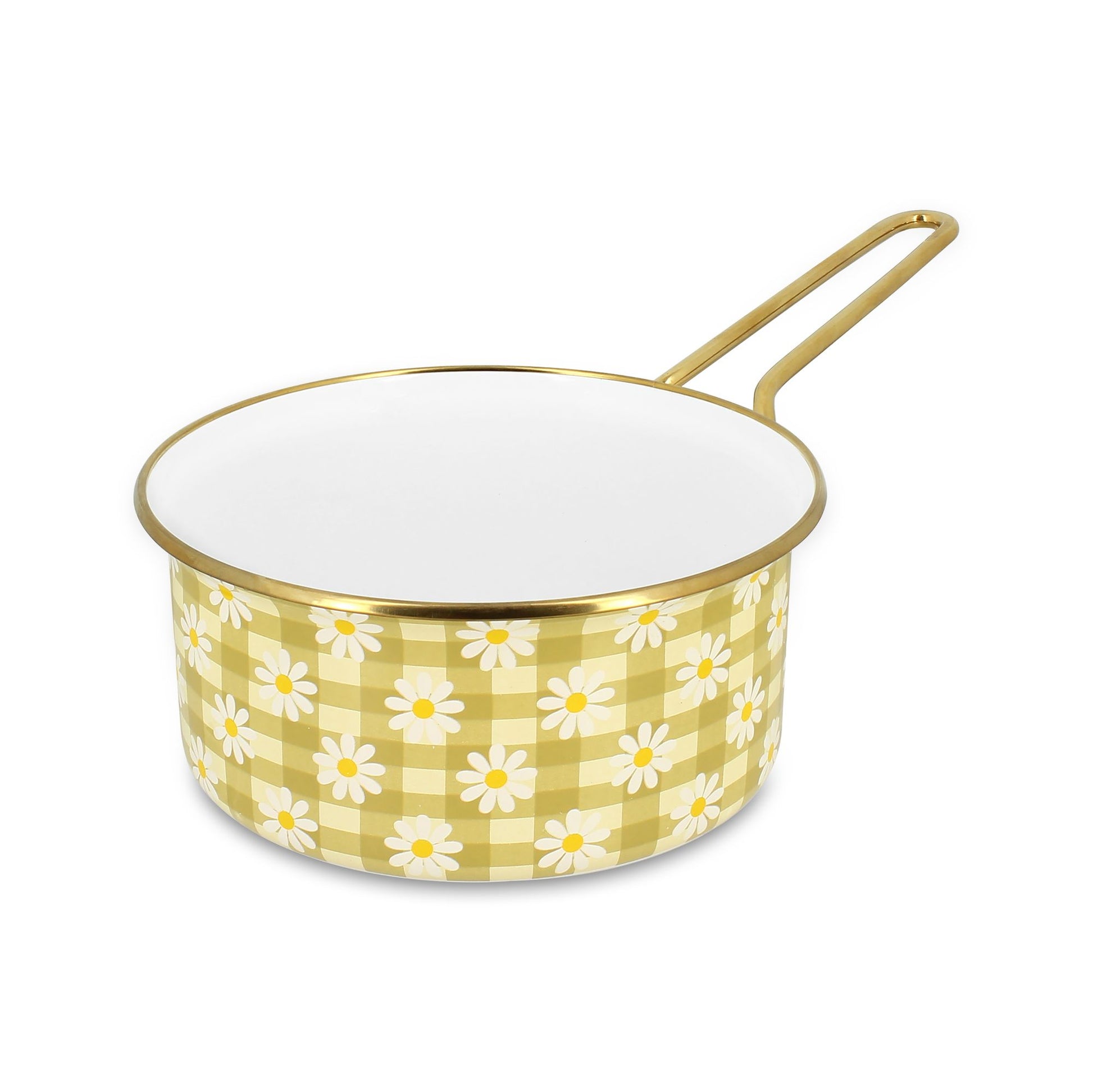 Casserole Daisy 18cm en acier émaillé motif marguerites et vichy jaune Menastyl, vue de trois-quarts