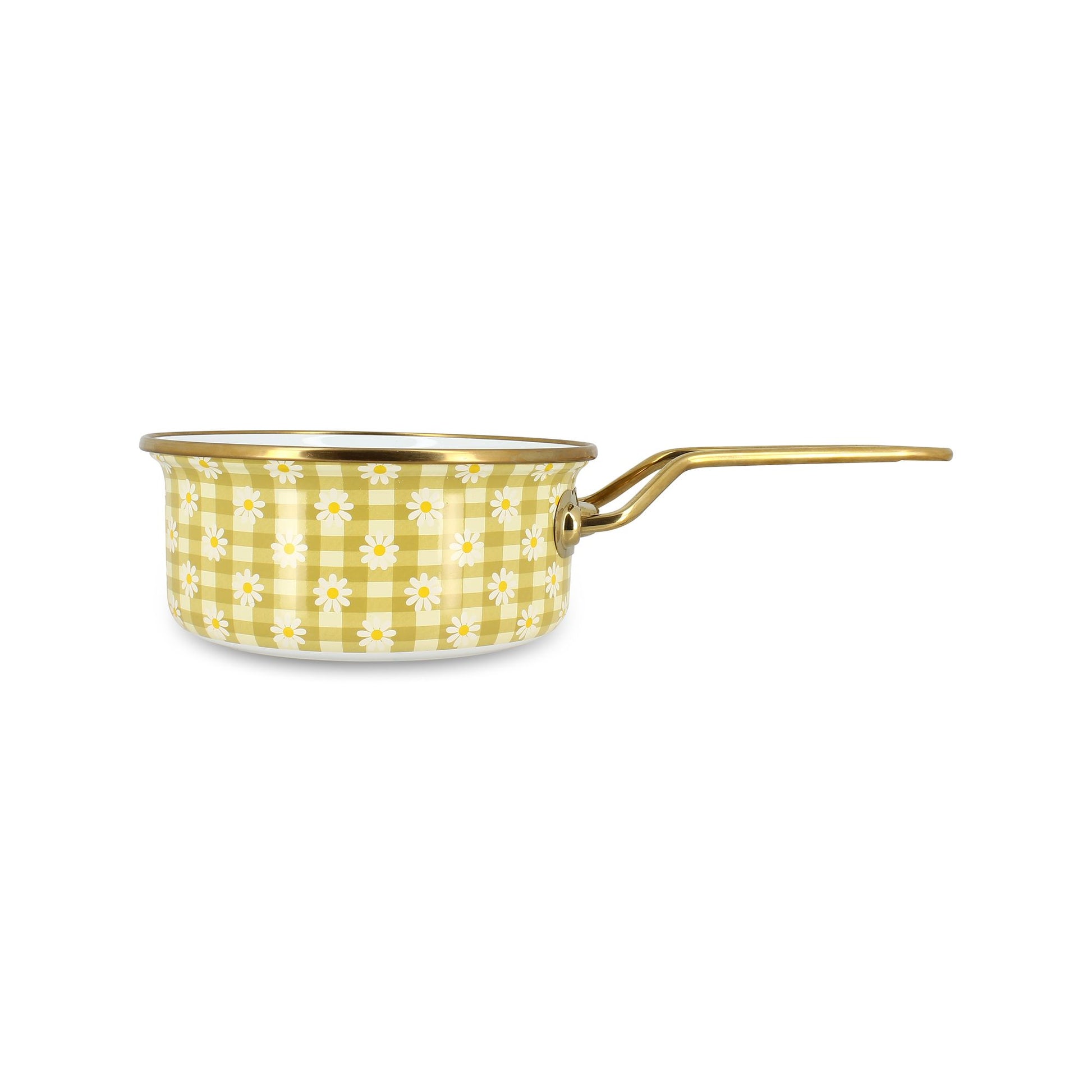 Casserole Daisy 18cm en acier émaillé jaune à carreaux vichy et marguerites blanches, vue de profil avec manche doré