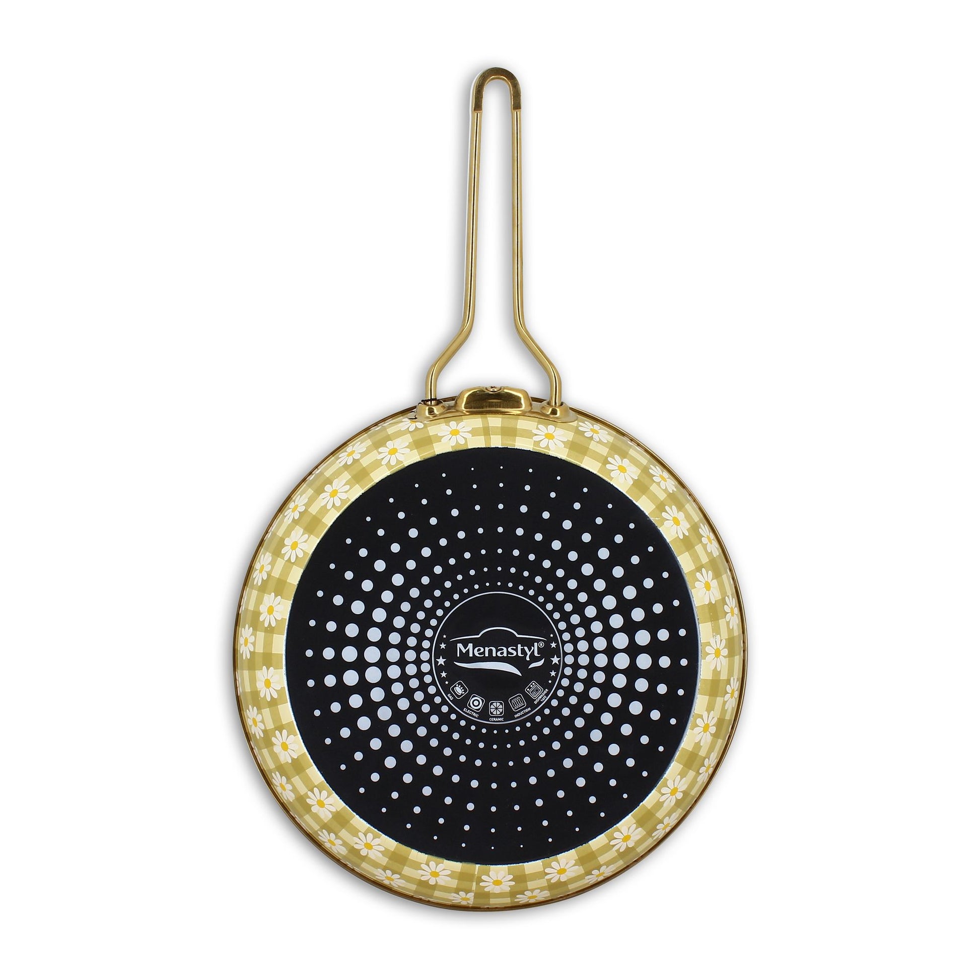 Vue de dessus poêle Daisy 28cm acier émaillé jaune motif marguerites et intérieur noir antiadhésif perforé