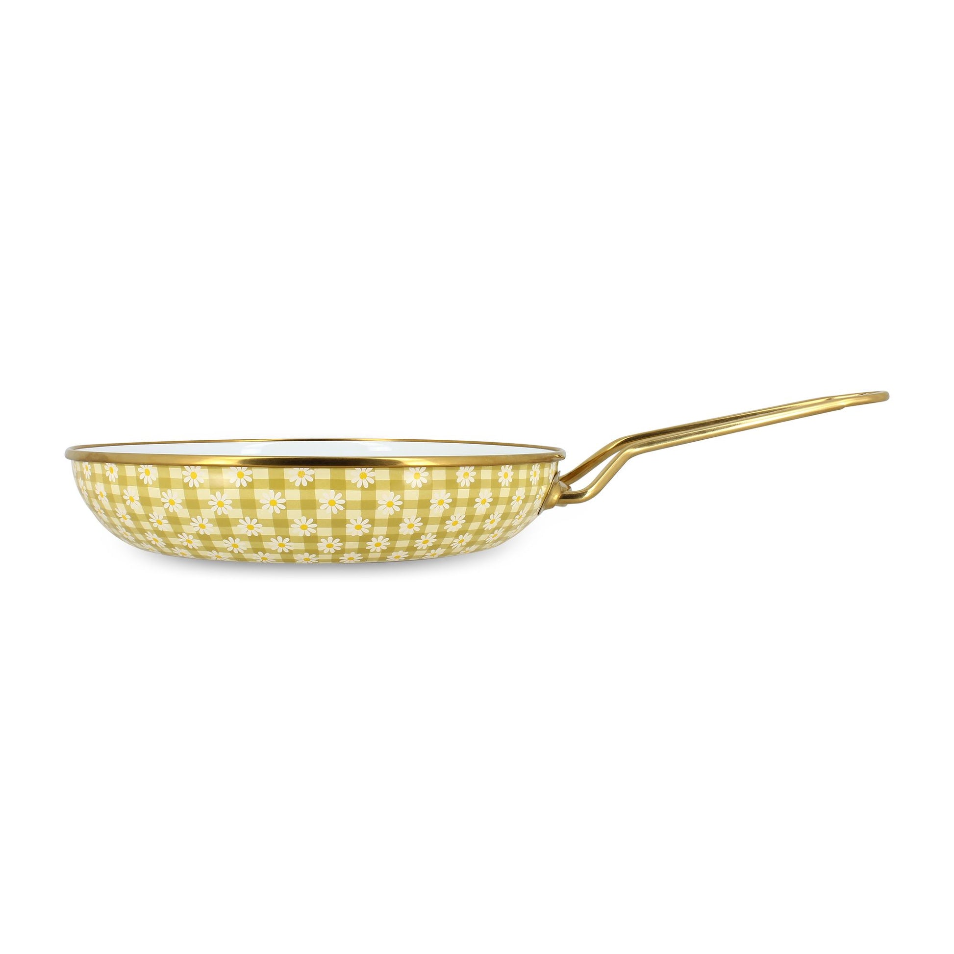 Poêle Daisy 28cm jaune à motifs vichy et marguerites, vue de profil sur fond blanc