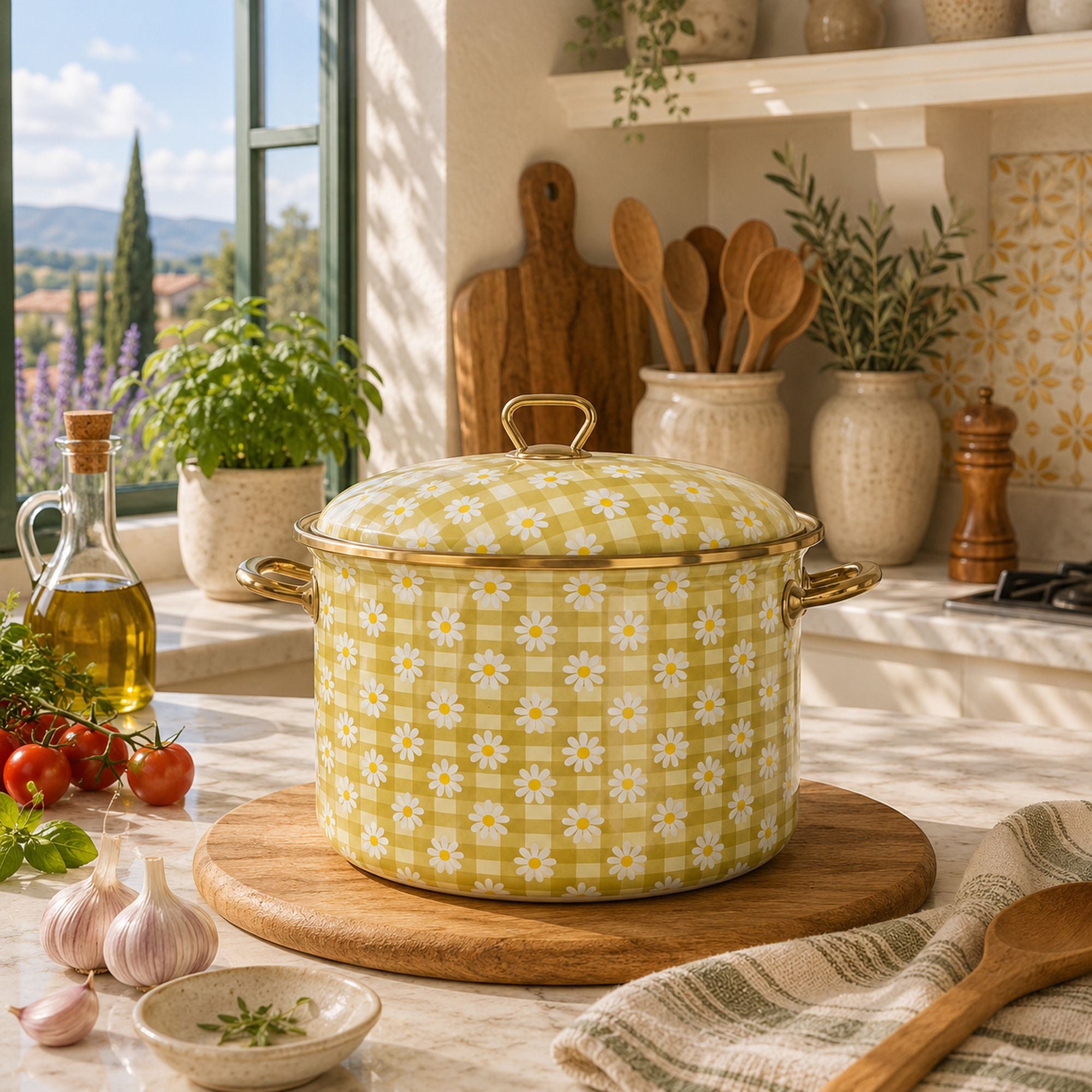 Marmite Daisy 24cm en acier émaillé jaune à motif marguerites et vichy, posée sur planche en bois dans cuisine ensoleillée