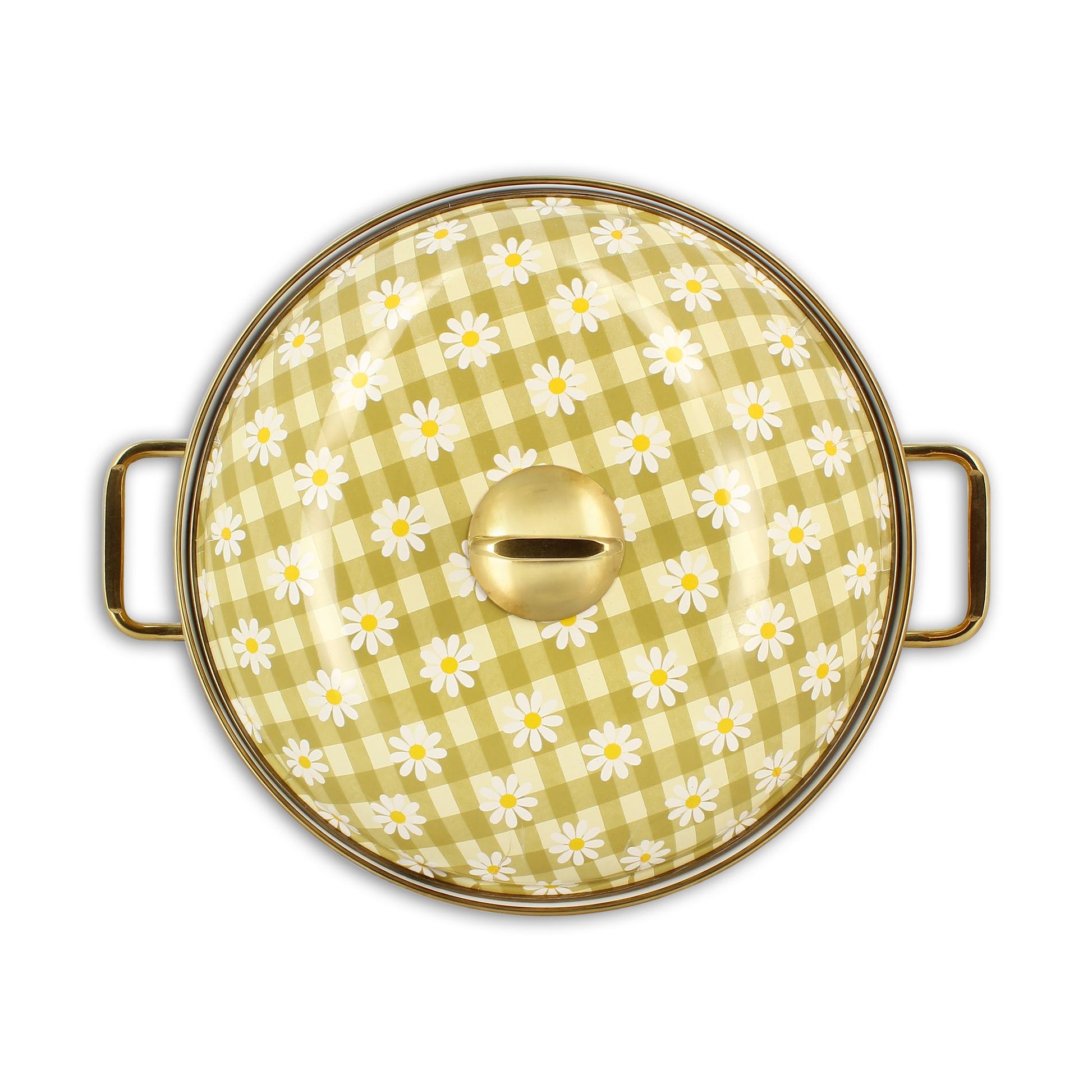 Vue de dessus de la marmite Daisy 24cm avec couvercle motif vichy vert et marguerites blanches, anses dorées en laiton