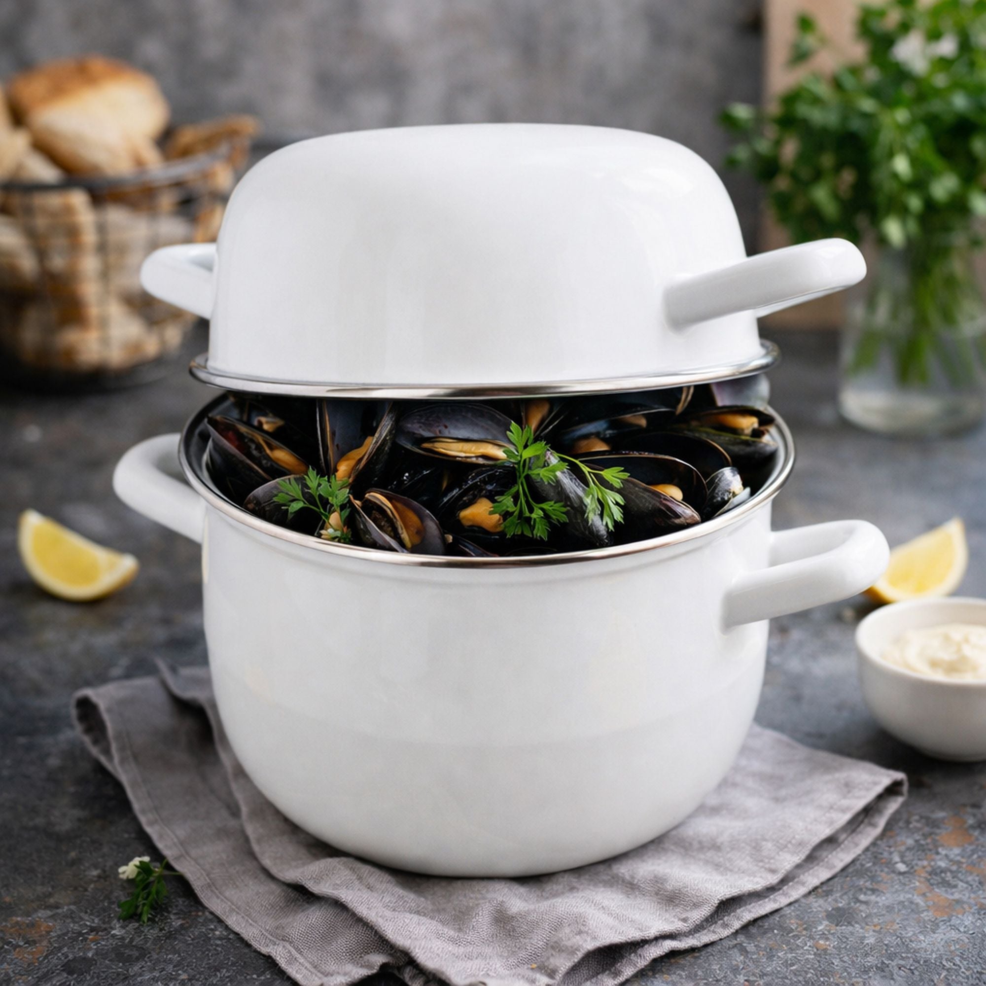 Marmite à moules en acier émaillé blanc 18 cm