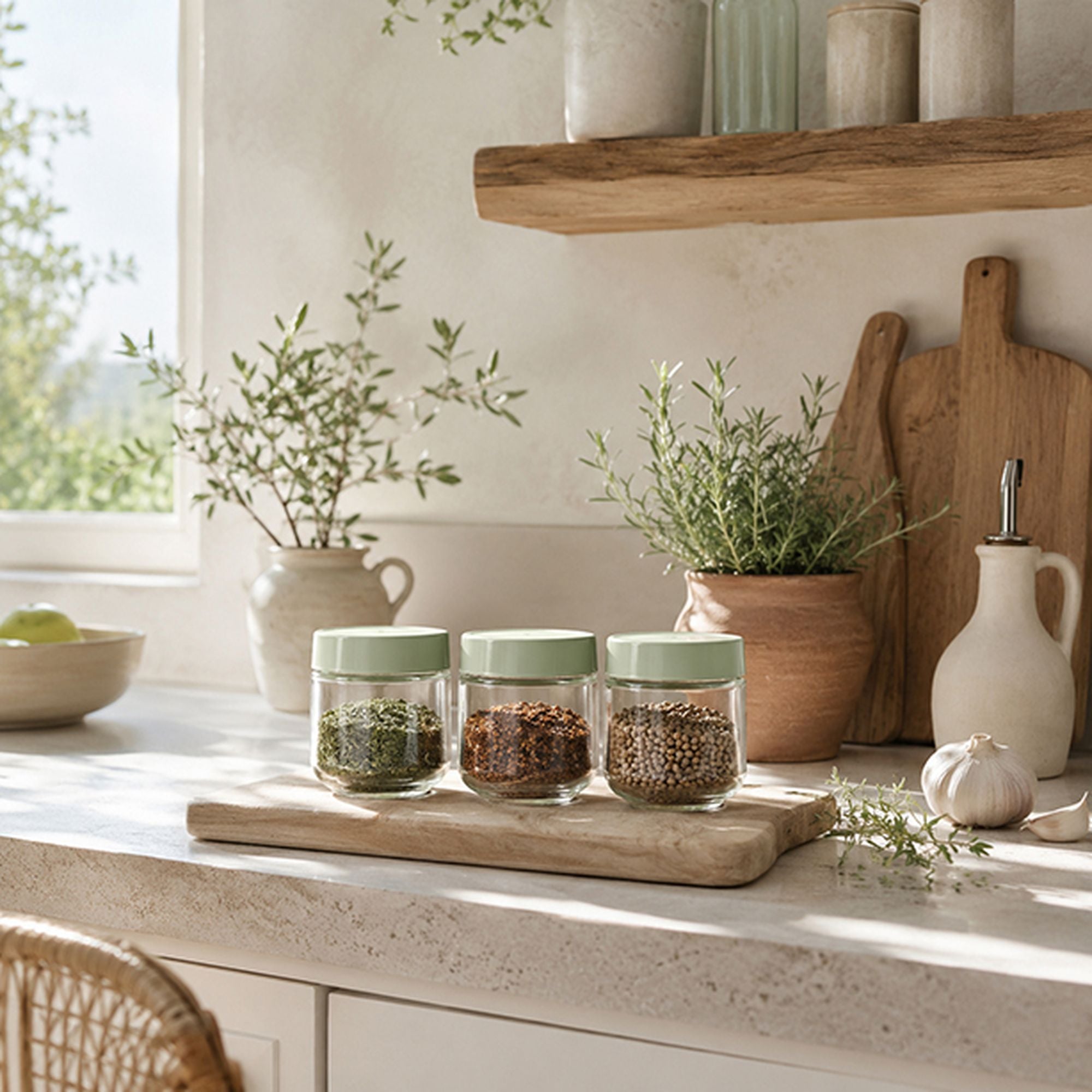Lot de 3 boîtes hermétiques en verre avec couvercles verts, disposées sur planche bois dans cuisine lumineuse