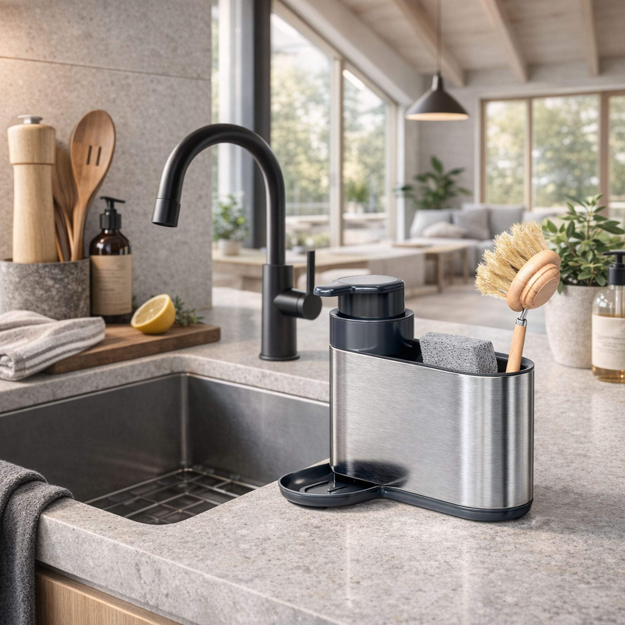 Organisateur d'évier 2 en 1 inox brossé avec pompe à savon, sponge et brosse sur plan de travail cuisine moderne