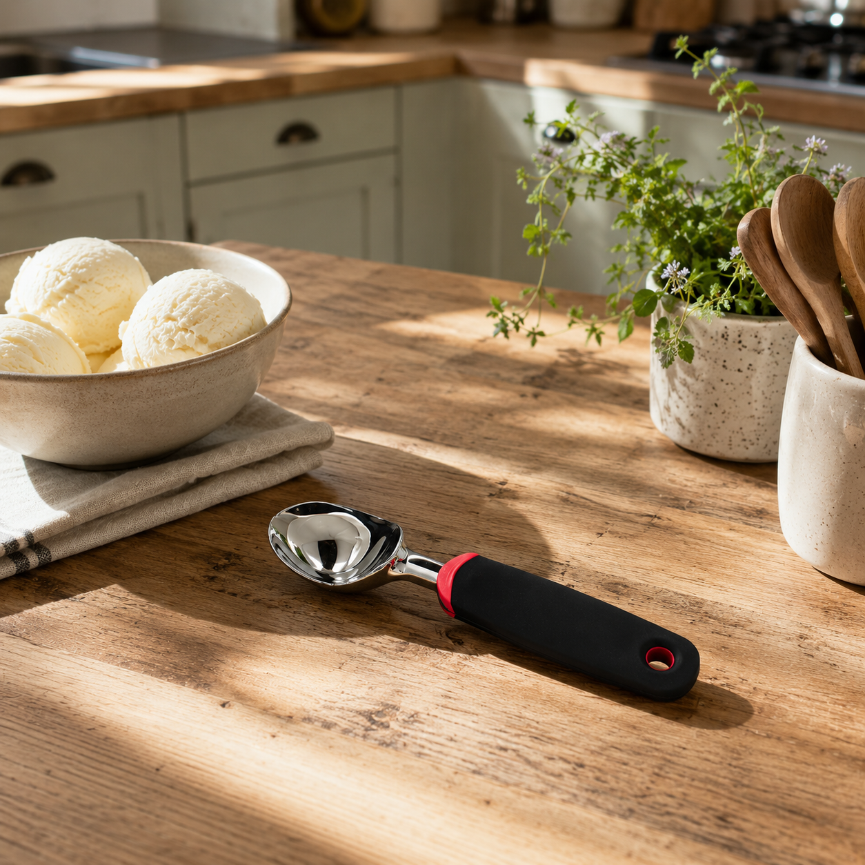 Cuillère à glace en acier inoxydable avec manche noir et rose, posée sur plan de travail bois dans cuisine moderne