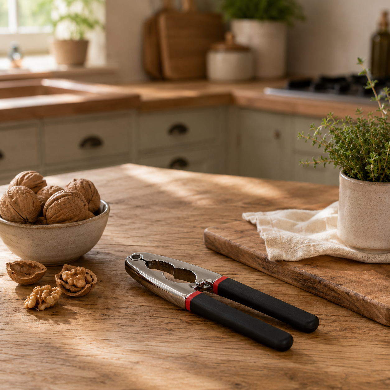 Casse-noix acier inoxydable avec manches noirs sur table bois, noix ouvertes et bol à côté, ambiance cuisine naturelle