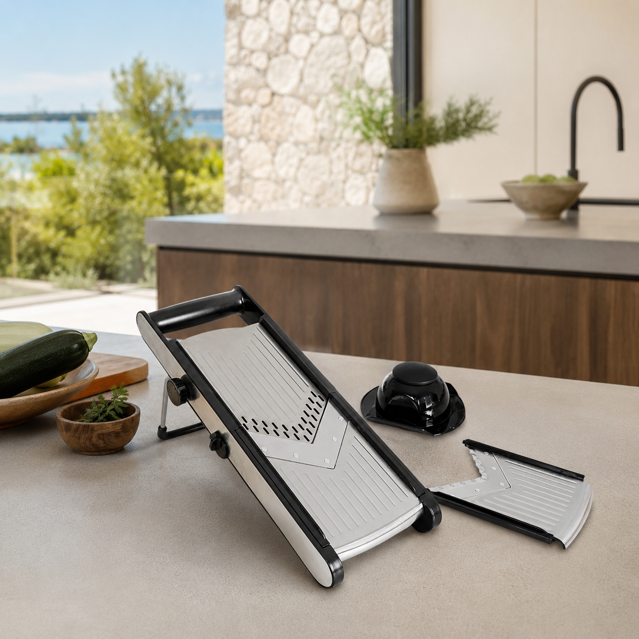 Mandoline sur pied en acier inoxydable avec lames de coupe, disposée sur plan de travail cuisine moderne avec vue mer