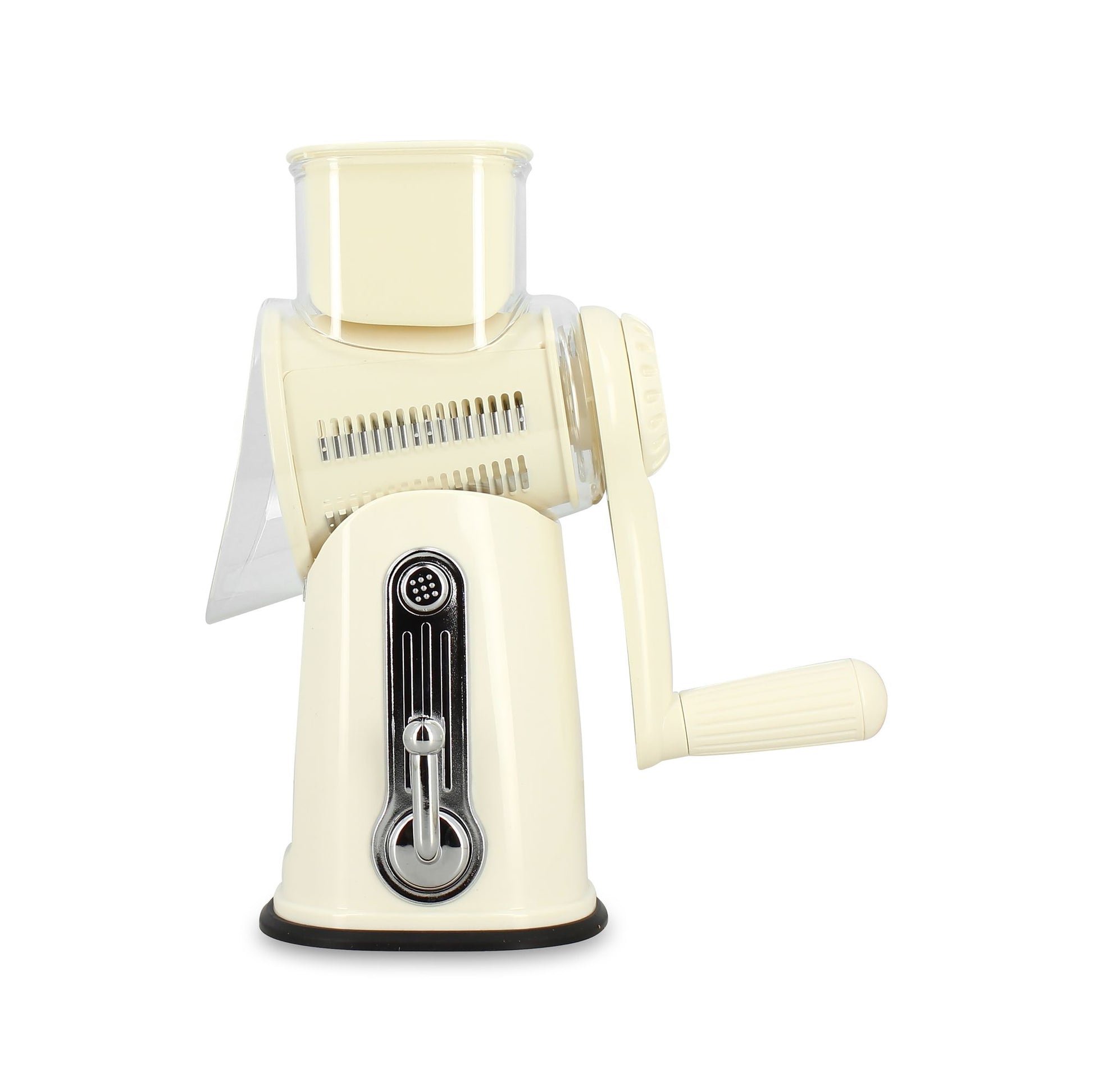 Mandoline rotative en polypropylène crème avec lame inox et manivelle, vue de face sur fond blanc