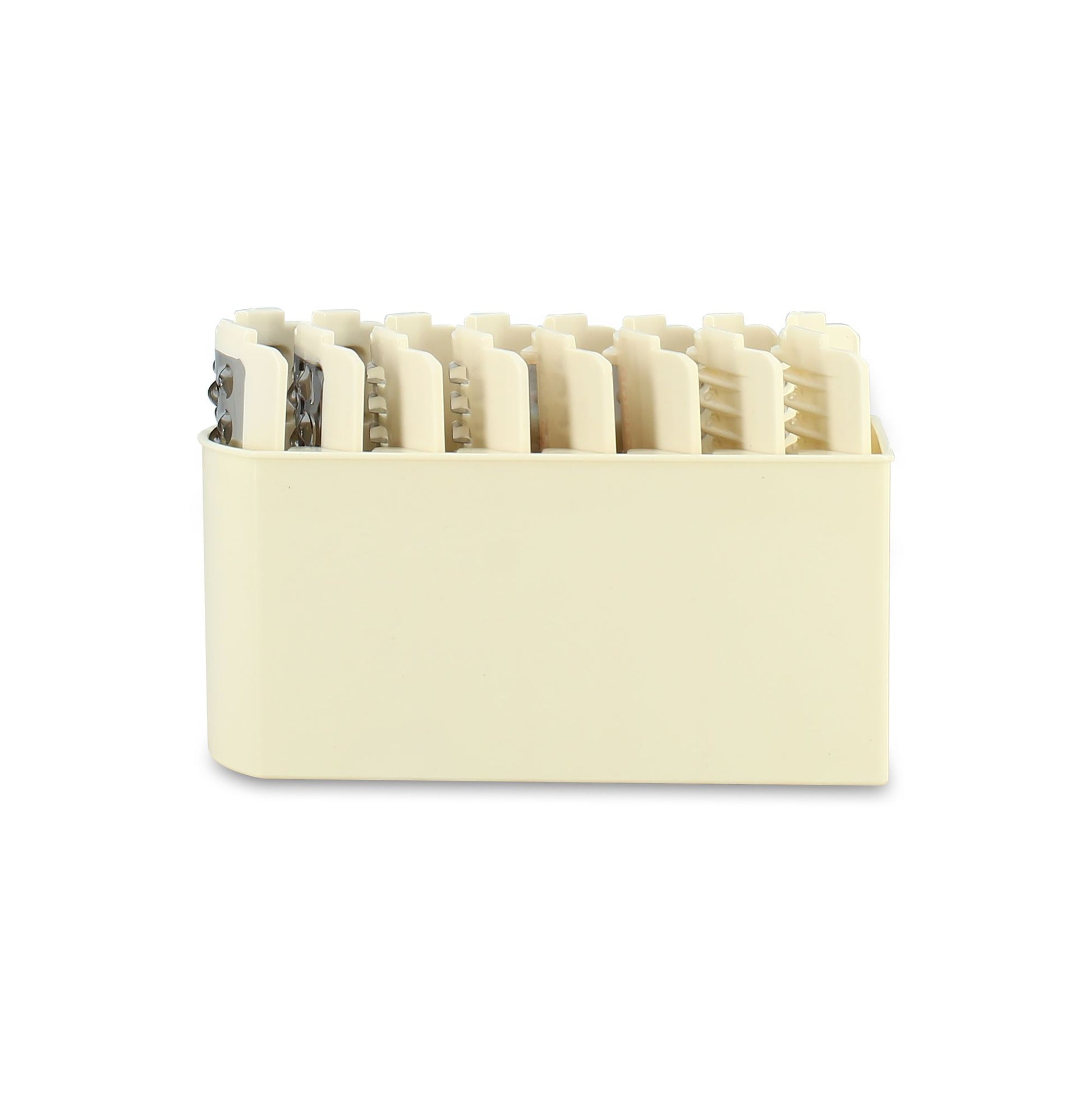 Mandoline rotative en polypropylène beige avec 8 tambours interchangeables en acier inoxydable, vue d'ensemble