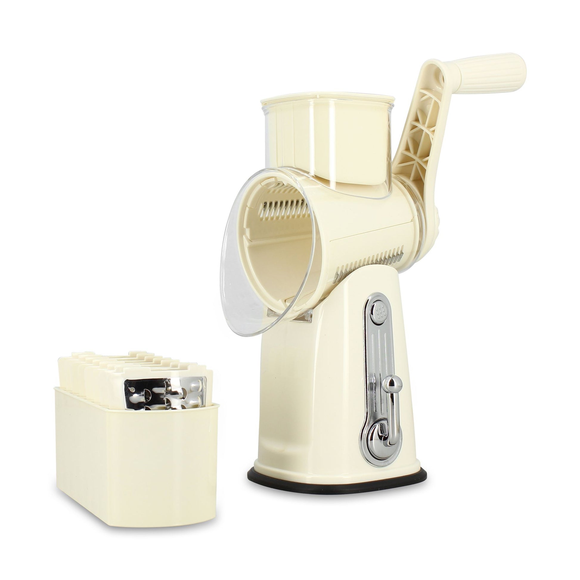 Mandoline rotative Menastyl en polypropylène beige avec accessoires, vue d'ensemble sur fond blanc