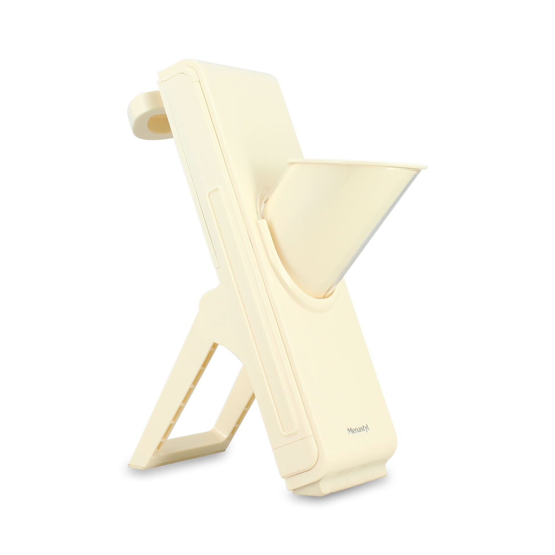 Mandoline verticale Menastyl en polypropylène beige avec lame inox, vue de trois quarts sur fond blanc