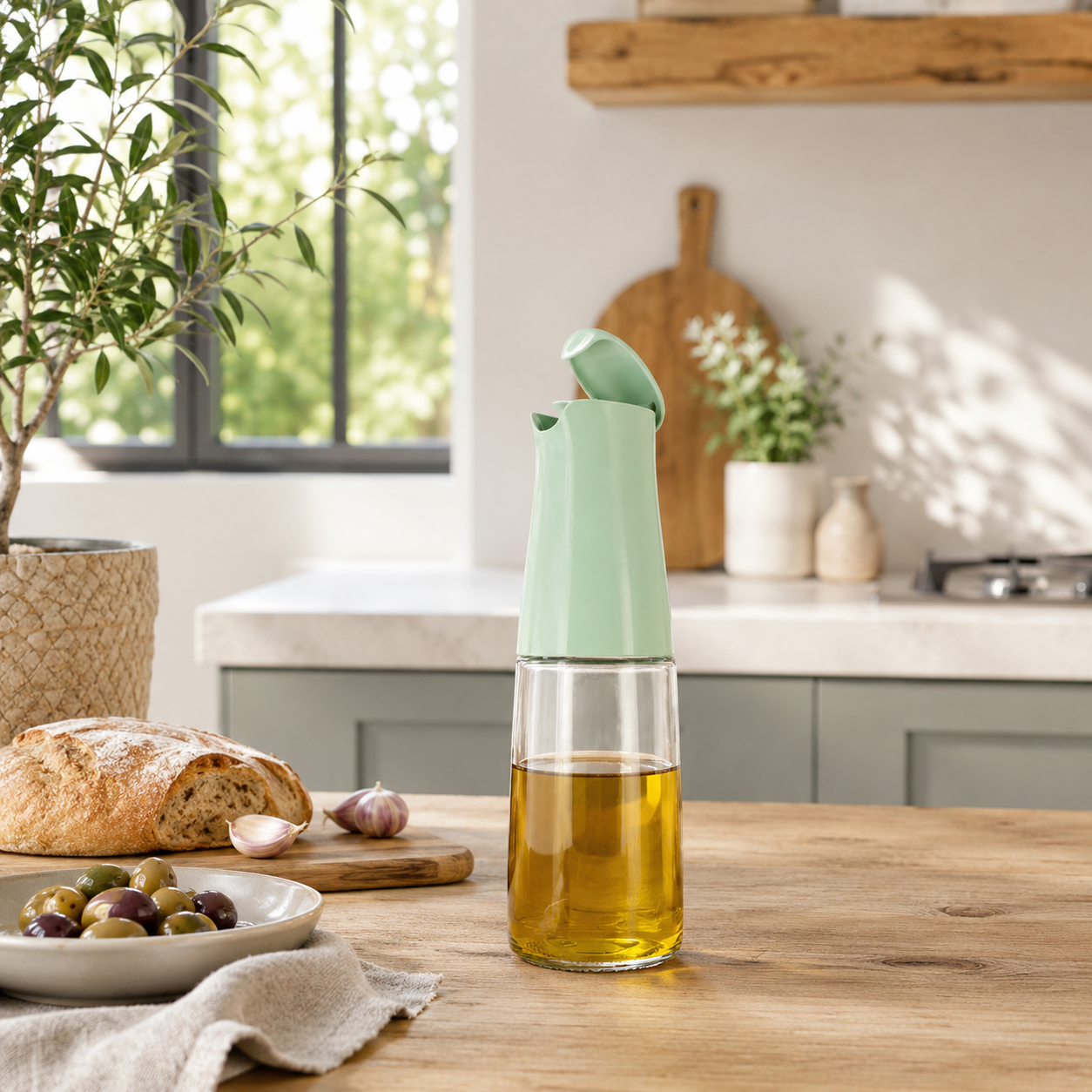 Bouteille d'huile 500ml en verre transparent avec bouchon verseur vert menthe, posée sur table en bois dans cuisine moderne
