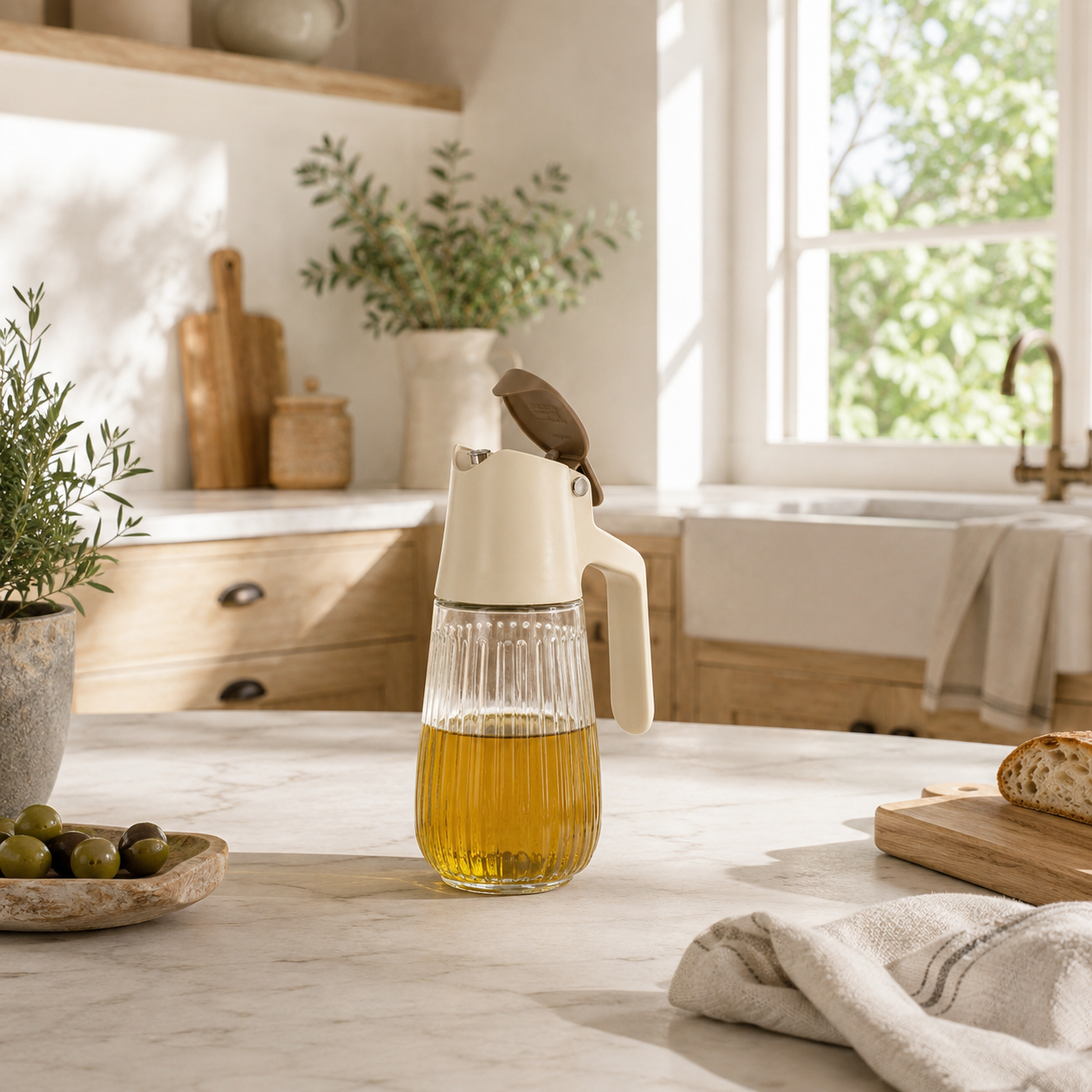 Bouteille d'huile en polypropylène crème et verre