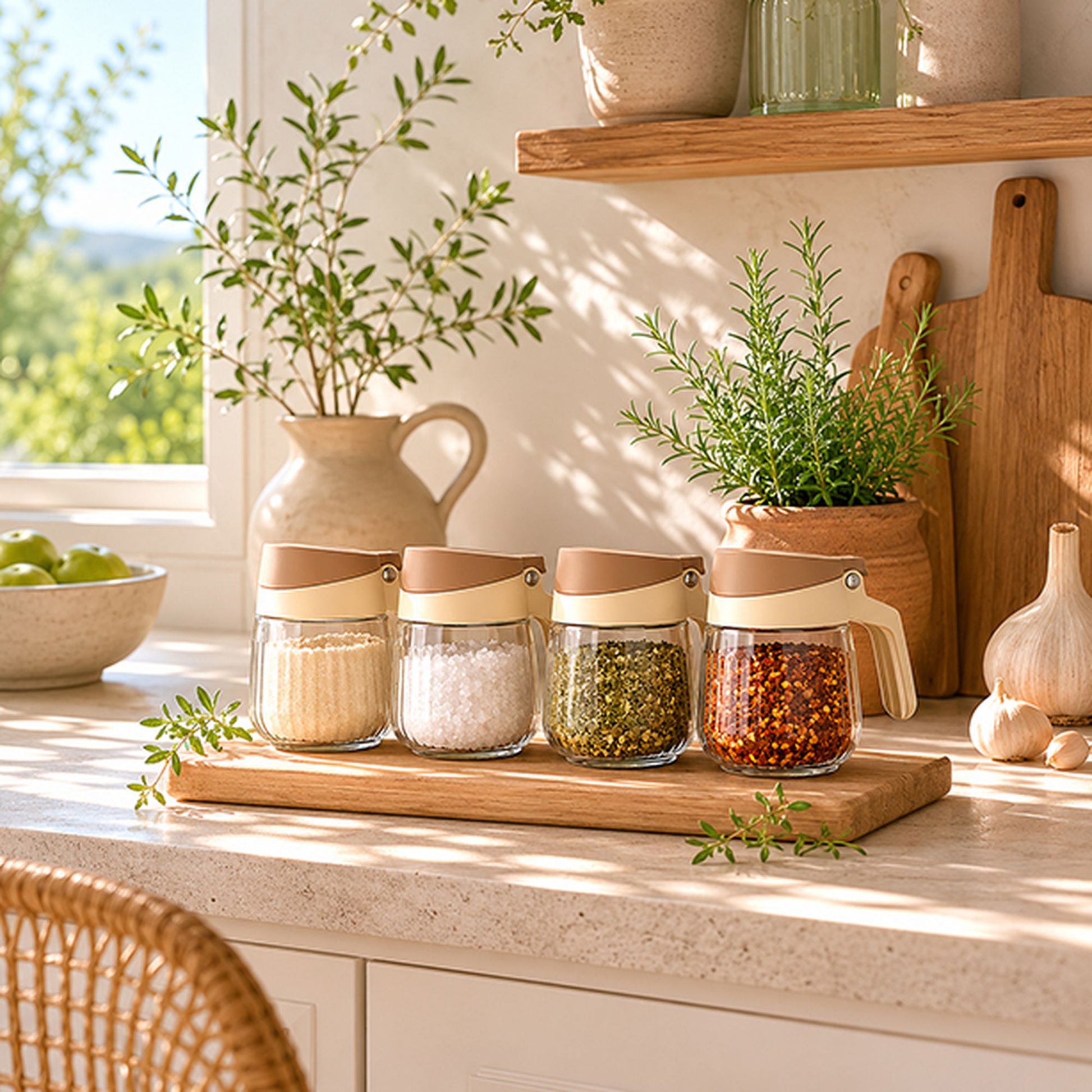 Bocaux à épices en verre et polypropylène crème sur planche bois, ambiance cuisine naturelle avec herbes fraîches