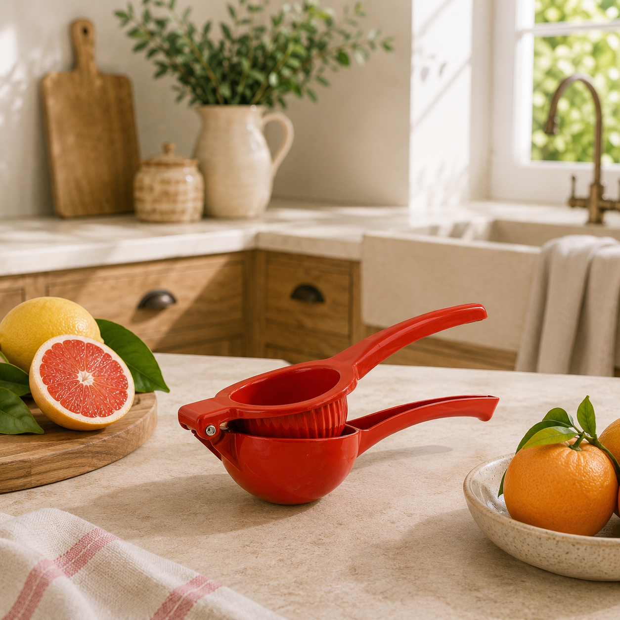 Presse-orange manuel rouge en aluminium sur plan de travail avec agrumes et feuilles, cuisine lumineuse en arrière-plan