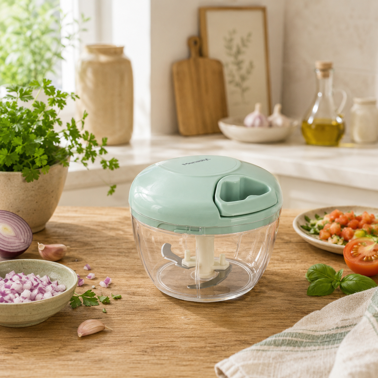 Mini hachoir rapide 50cl avec couvercle vert menthe sur plan de travail, entouré d'ingrédients frais et herbes aromatiques