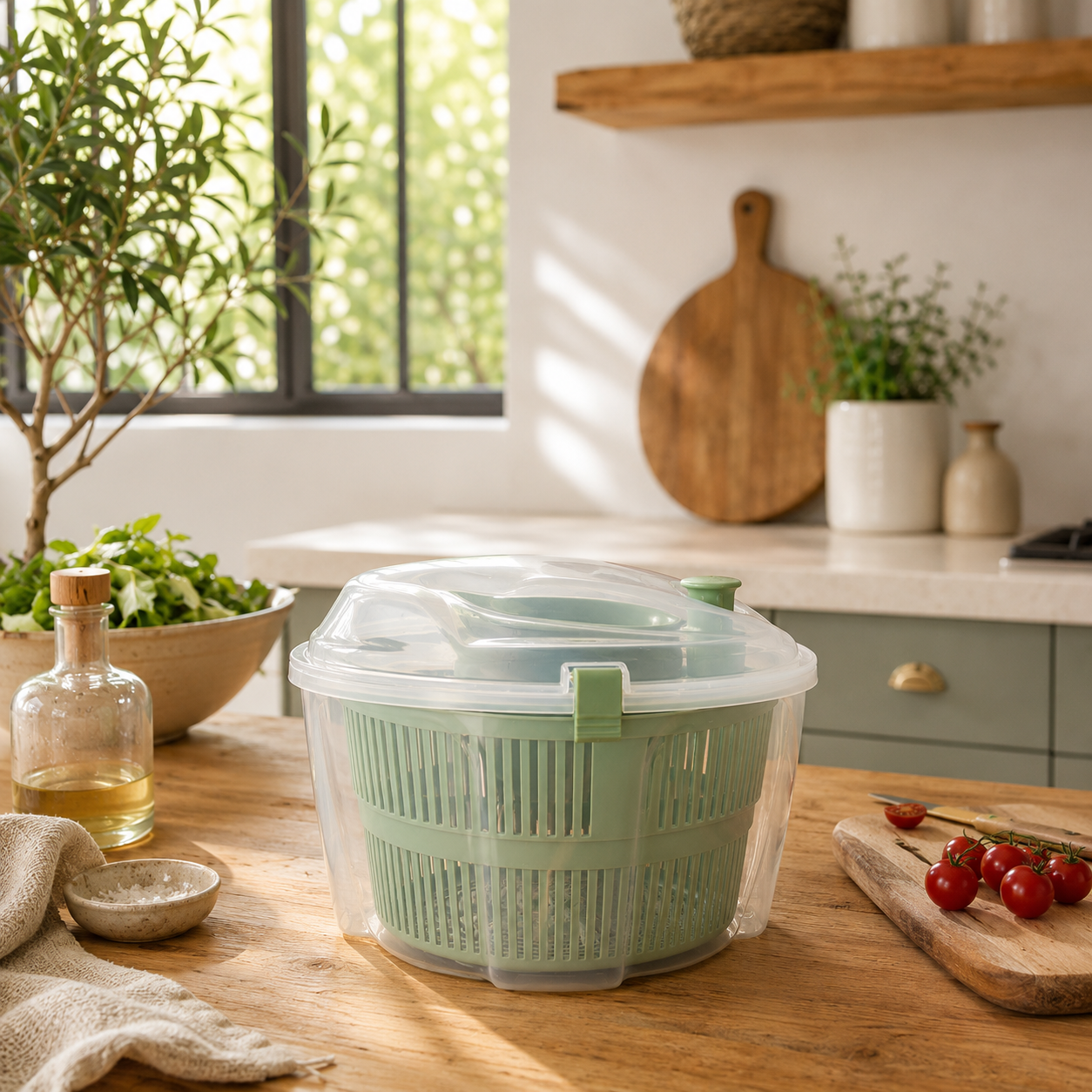 Essoreuse à salade verte avec couvercle transparent posée sur plan de travail en bois dans cuisine moderne