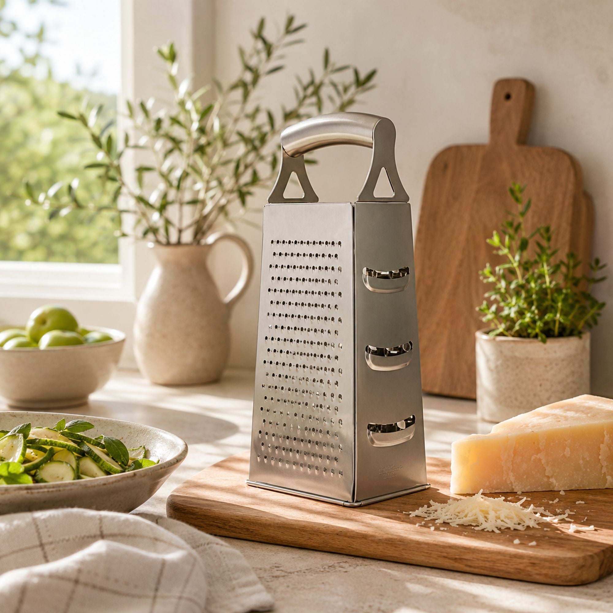 Râpe à fromage en acier inoxydable sur planche en bois, cuisine lumineuse avec parmesan râpé et légumes